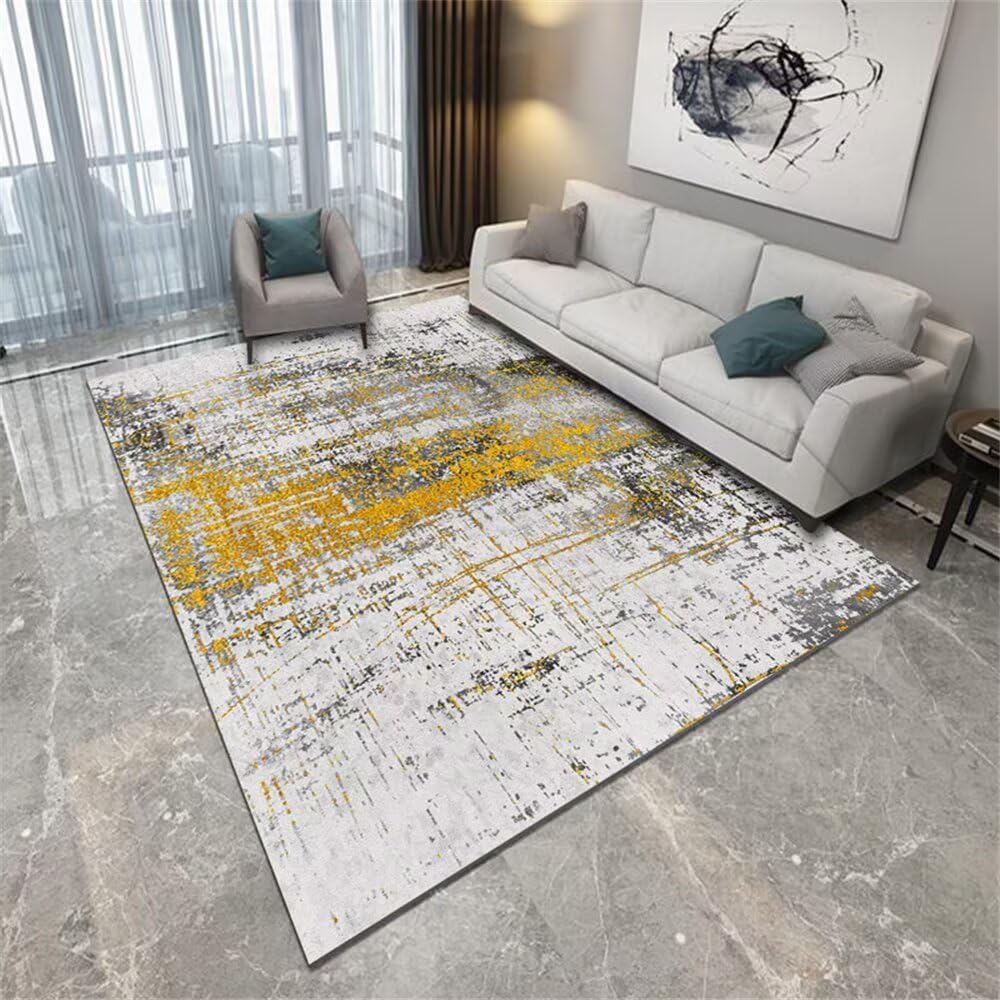 Tapis de chambre bébé fille 120x150cm jaune et gris abstrait