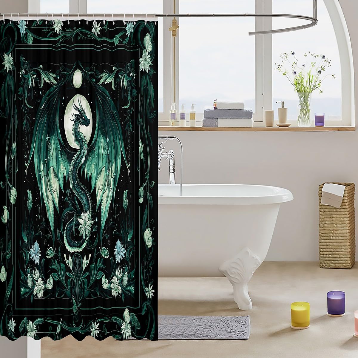 Feelyou Greens Dragon Bath Curtain Flying Dragon Shower Curtain Moon Bathroom Shower Curtain Set for Kids Boys Girls Boho Kids Bathroom Accessories Adult Bedroom Decor 72"x72" image 3