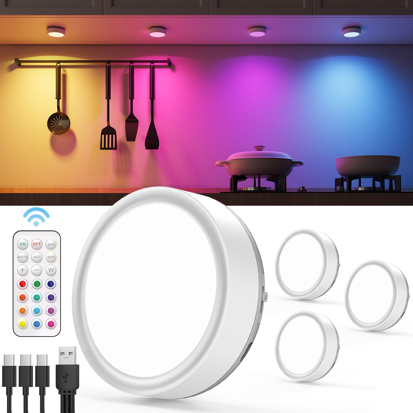 Rechargeable Puck Lights with Remote Control, RGB Colored 2400mAh Battery Operated Push Lights LED Stick On Cabinet Lighting Magnetic Tap Light Classroom Wireless Under Shelf Light Press Button Lamp