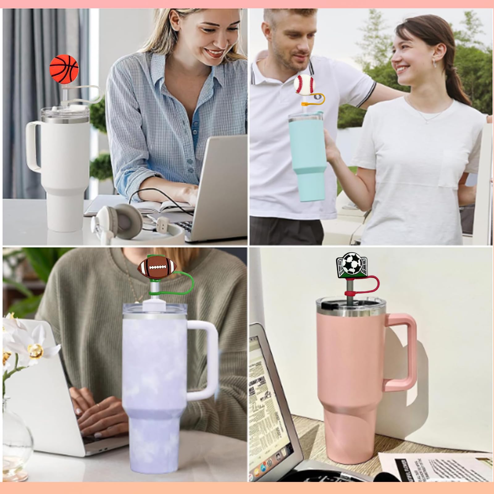 Stanley Straw Cover 4Pcs 0.4in(10mm) Diameter Dust-Proof Silicone Straw Toppers Reusable Compatible Basketball Drinking Straw Cover Cap Accessories for Stanley Tumbler 30&40 OZ