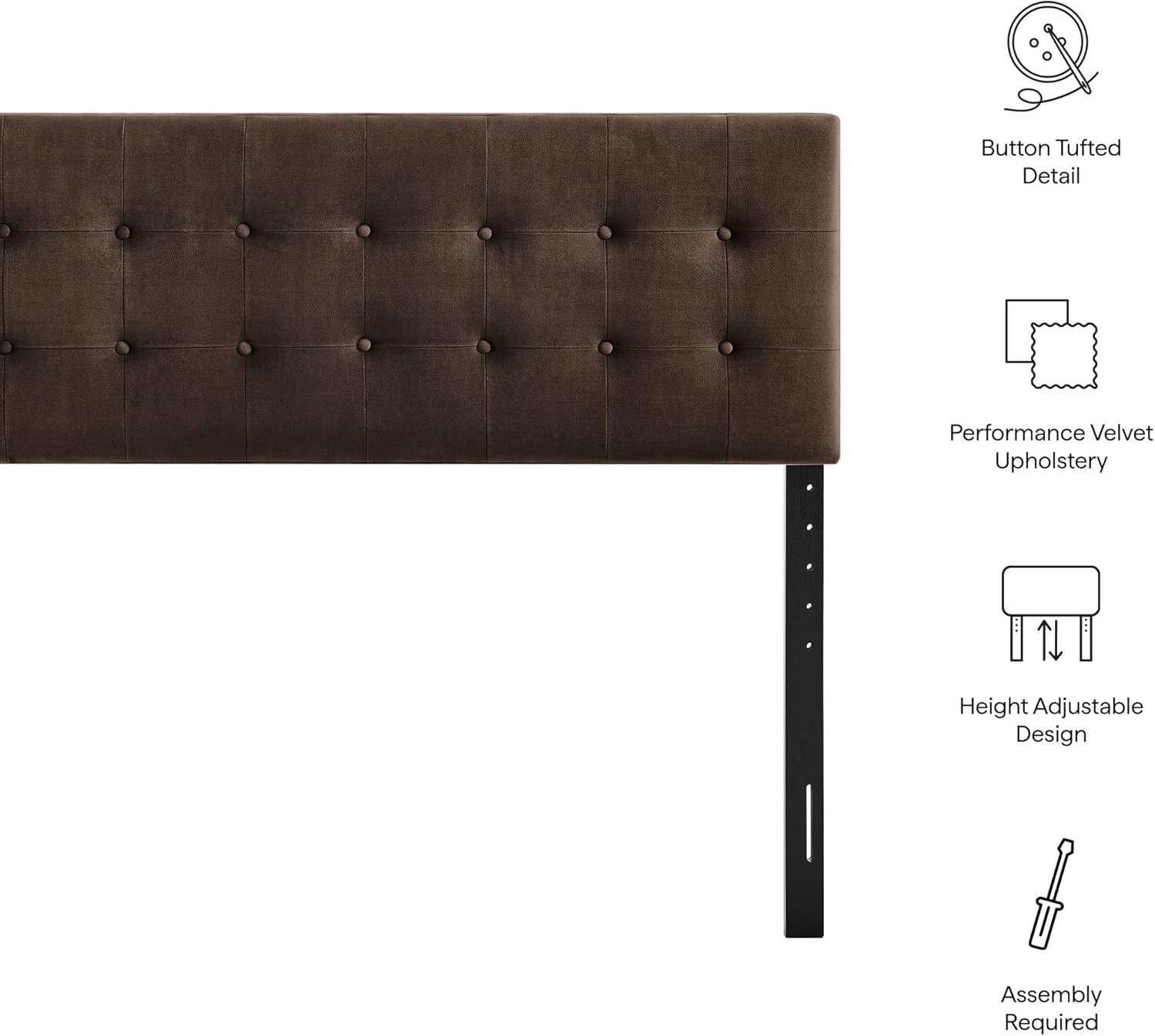 Modway Emily Queen Size Performance Velvet Headboard in Chocolate Brown - Stain-Resistant Velvet Upholstery with Button Tufting and 7 Adjustable Height Positions