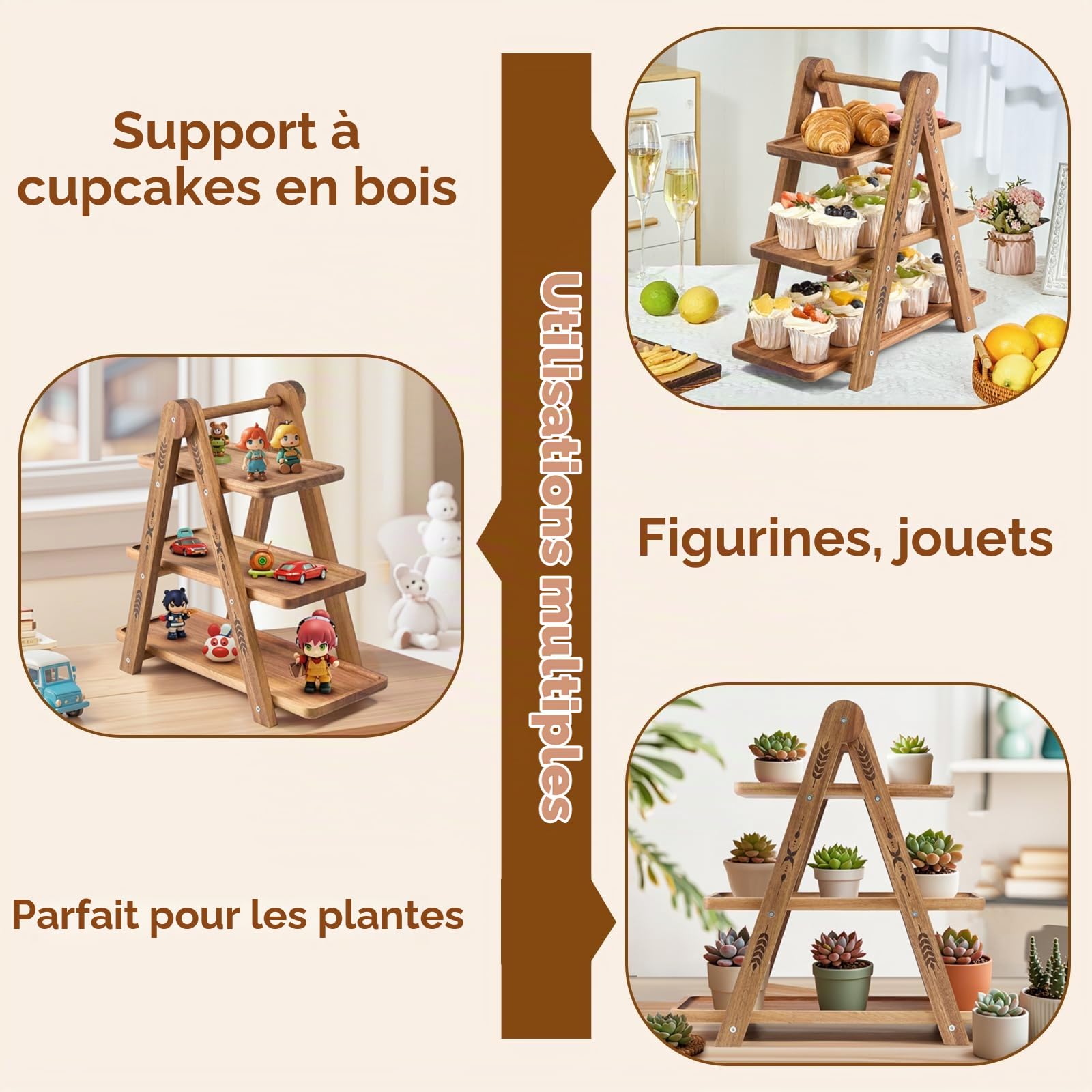DUJUST Présentoir à gâteau en bois pour 24 Cupcakes, support à gâteau à 3 étages avec surface de qualité alimentaire, présentoir à gâteau pour la nourriture et les jouets - pliable