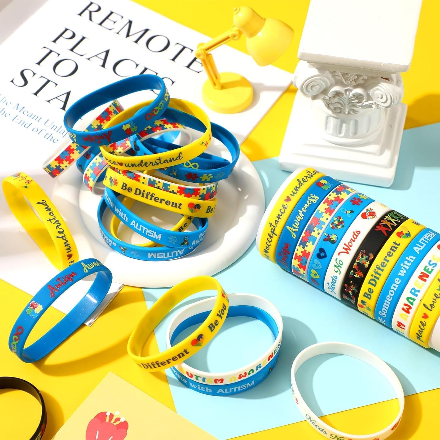 JUNEBRUSHS 120pcs Autism Awareness Silicone Bracelets Puzzle Pieces Ribbons Pattern Inspirational Motivational Rubber Wristbands for Autism Awareness Birthday Decoration Kids Party Favor Gift Supplies