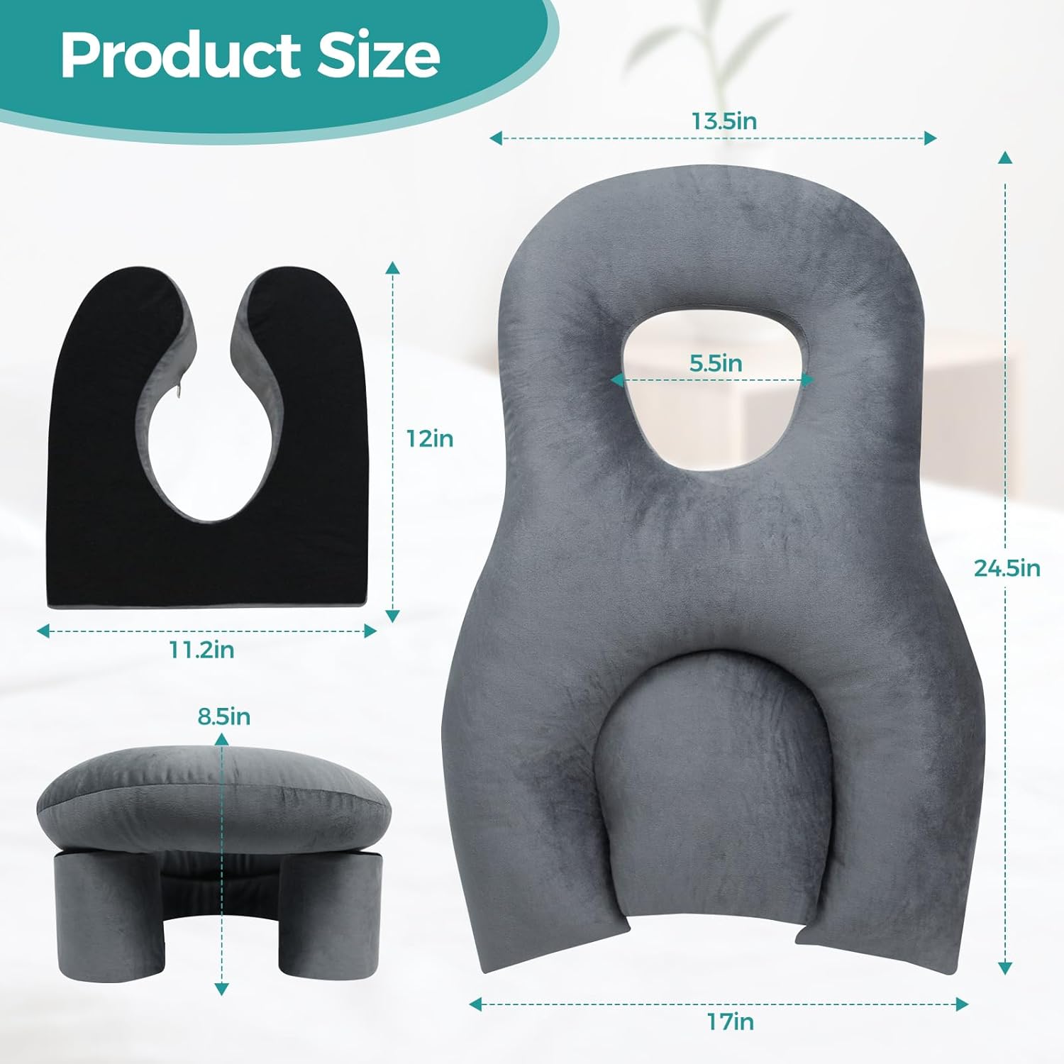 Face Down Recovery Pillow for Eye/BBL Surgery - Prone Massage Headrest with Adjustable Airflow, Plush Velvet Cover, Retinal Vitrectomy Equipment (Grey, Large, Removable Base Cover)