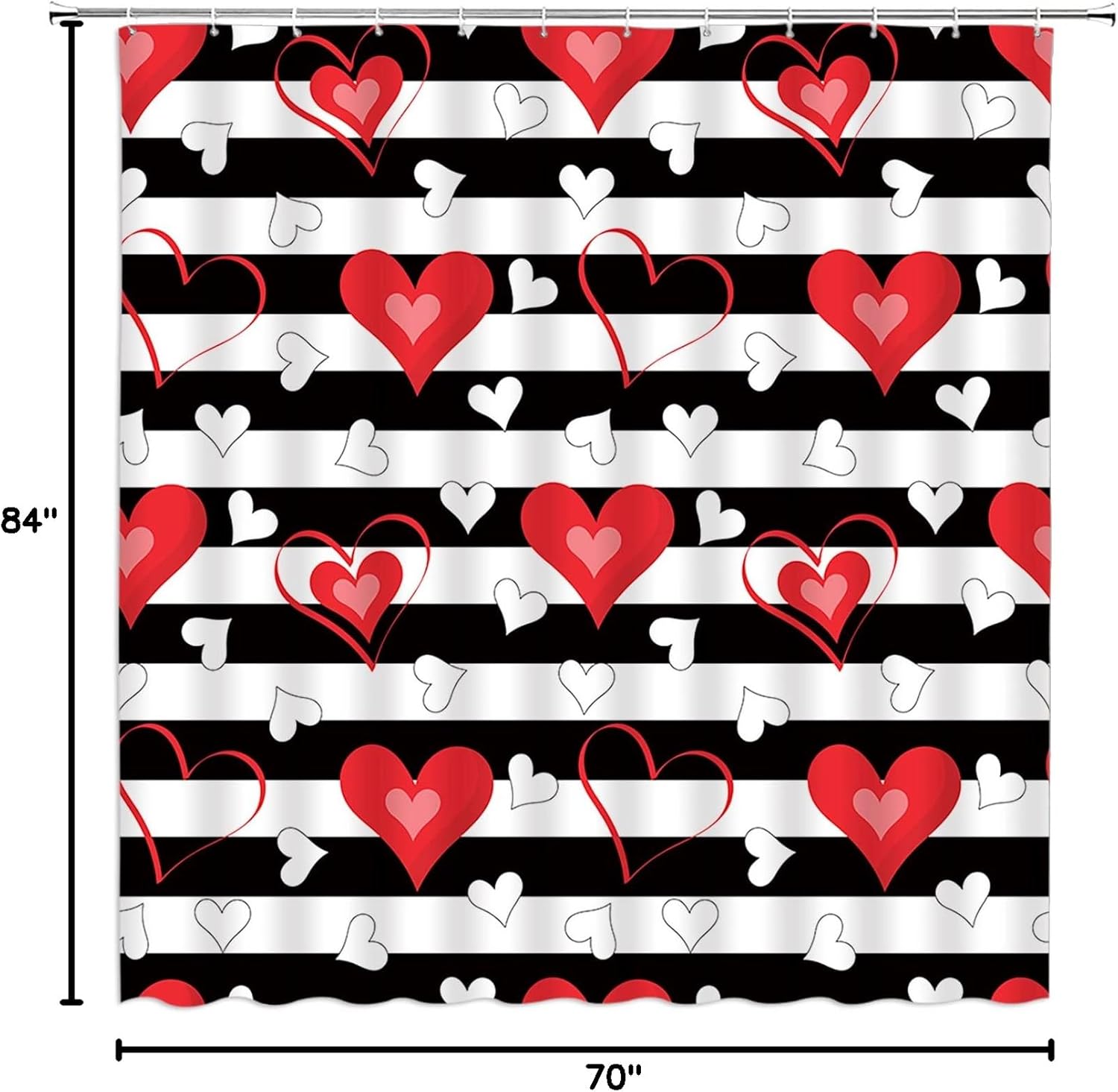 Red Heart Shower Curtain Valentine's Day Heart Black White Geometric Striped Sweet Love Romantic Couple Polyester Bathroom Decor Curtain with Hook
