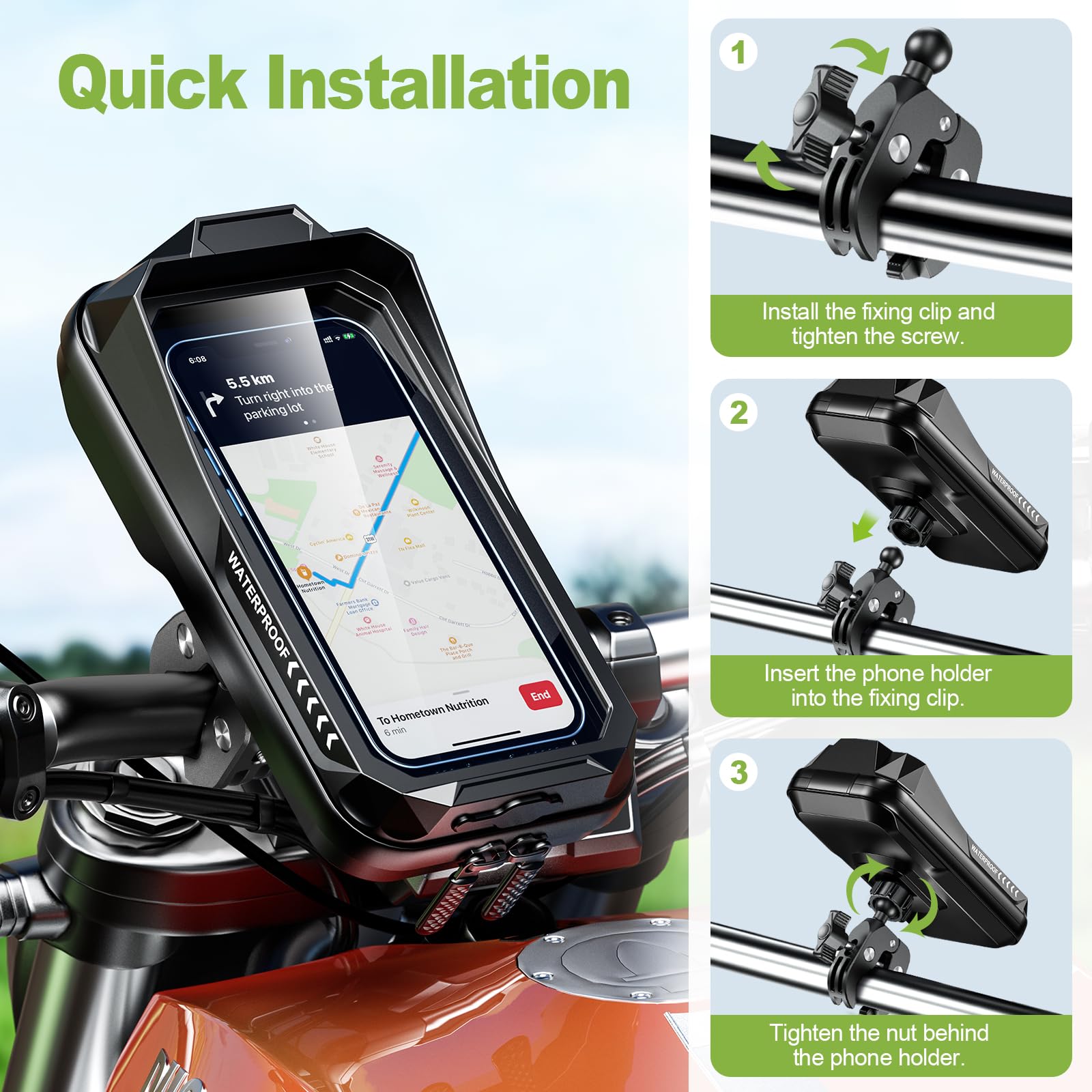 Handyhalterung Motorrad Wasserdicht Universal Anti-Shake Telefonhalterung mit Touchscreen Sonnenblende 360° Drehbar Halterung Motorrad Metall für Smartphone bis zu 7,0" (Schwarz C)