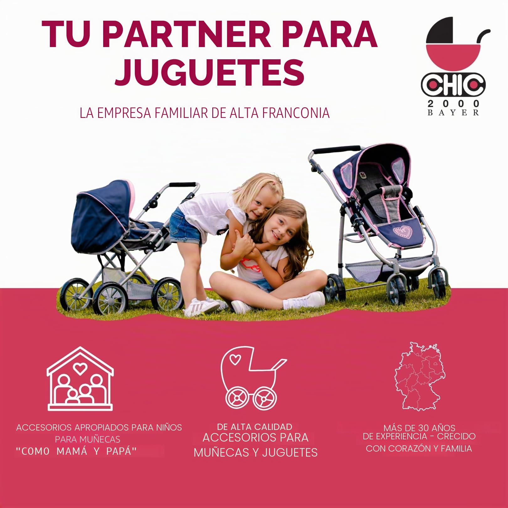 Bayer Chic 2000 Cochecito de muñecas Mila 2 en 1, Color Gris y Rosa, Mango Regulable en Altura de 39 a 72 cm, Estructura Moderna, muñecas de hasta 50 cm, 3-7 años