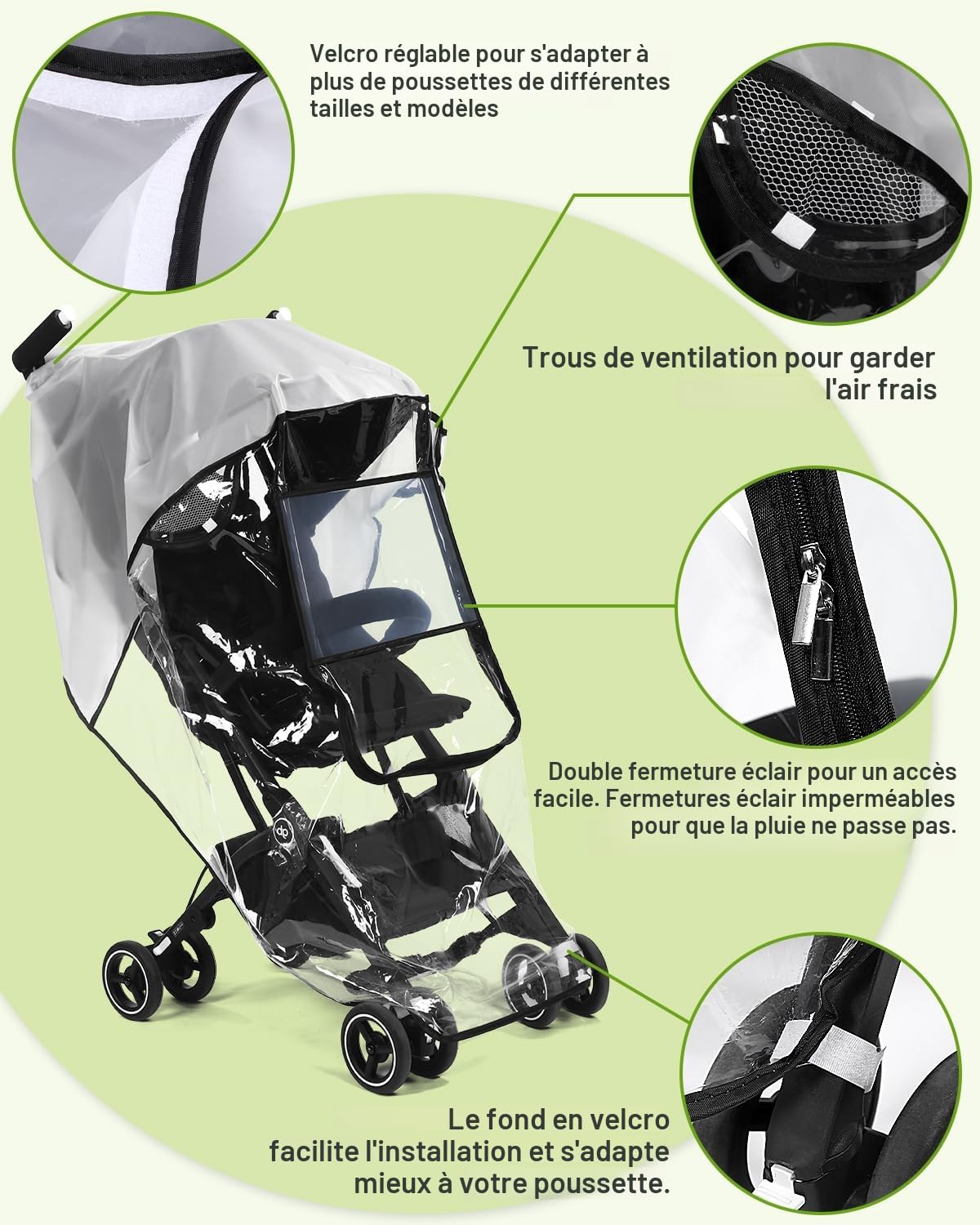 Protection contre la pluie pour poussette universelle - Protection de poussette avec grande fenêtre, bonne circulation de l'air, sans substances nocives, imperméable, protège du soleil - Housse de