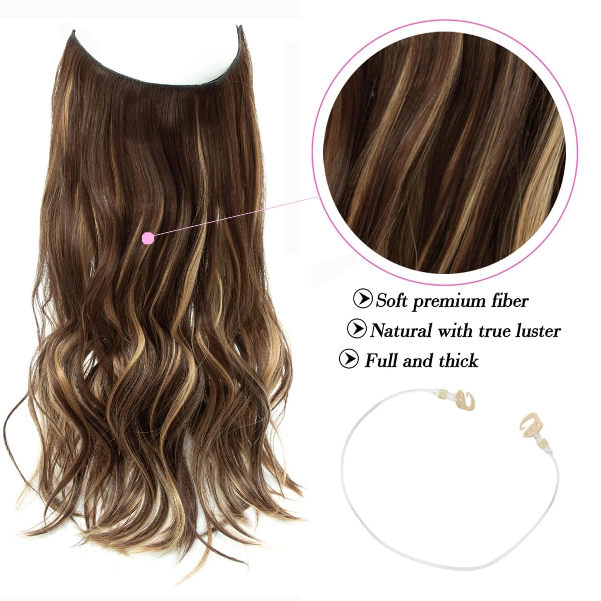 Invisible Wire Brown Hair Extensions with Caramel Blonde Highlights, 20 Inch Wavy Pieces - Image 3