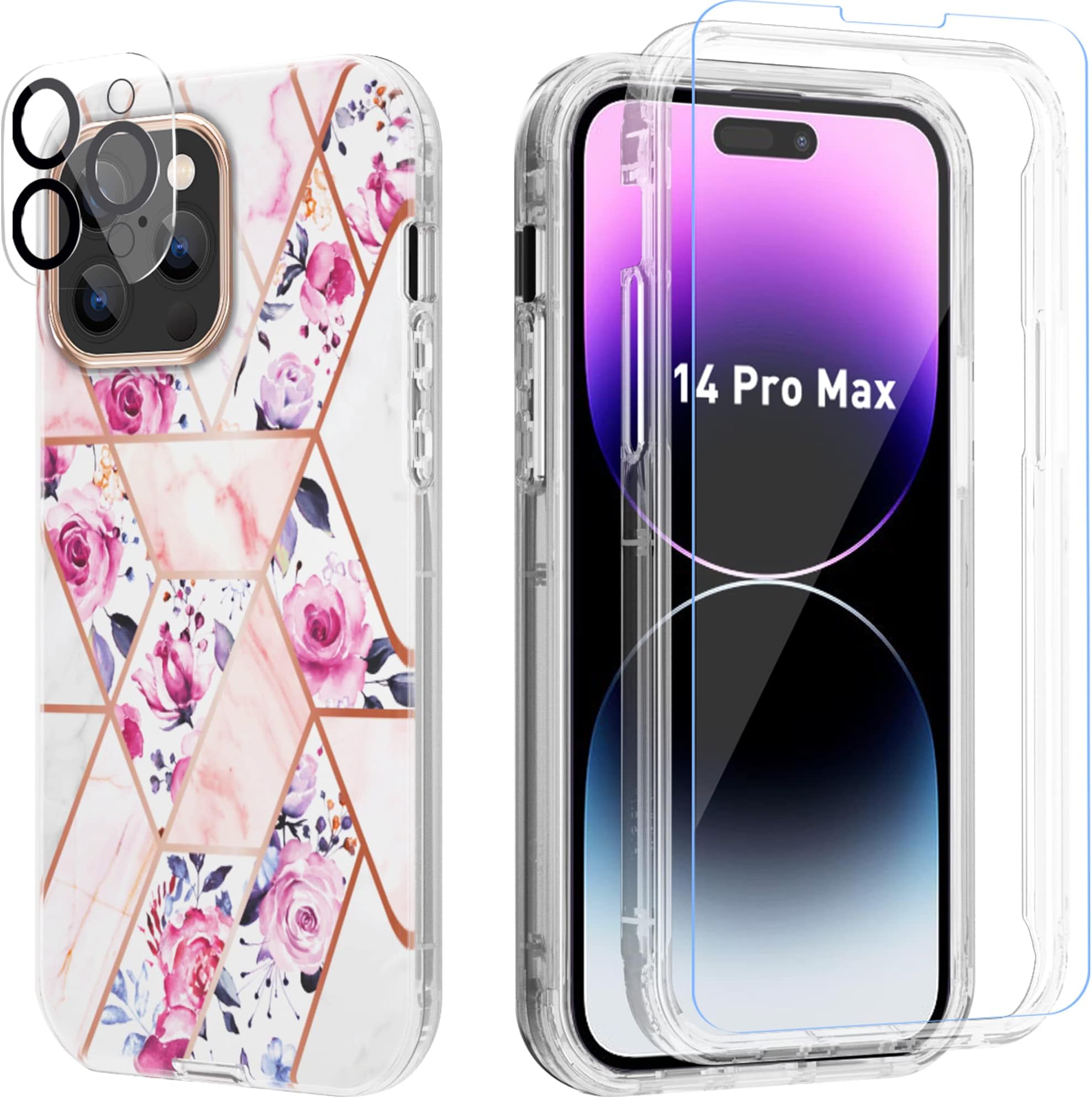 CONWOE[3 in 1] iPhone 14 Pro Max case, with 1 Tempered Glass Screen Protector + 1 Camera Lens Protector, Stylish/Marble Rugged Anti-Drop/Full-Body Protective Phone Cover (Pink Flowers)