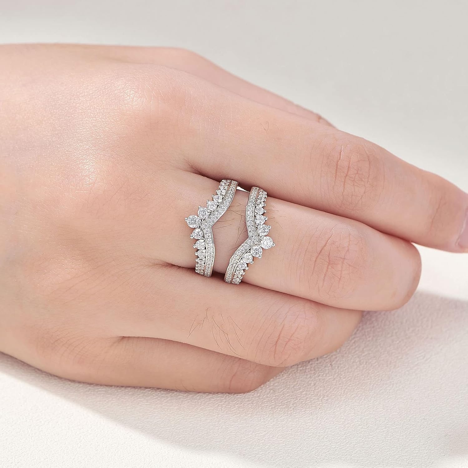 Newshe Jewellery Cubic Zirconia Wedding Bands for Women Crown Double Ring Enhancer for Engagement Rings 925 Sterling Silver Size 5-10 - Image 4