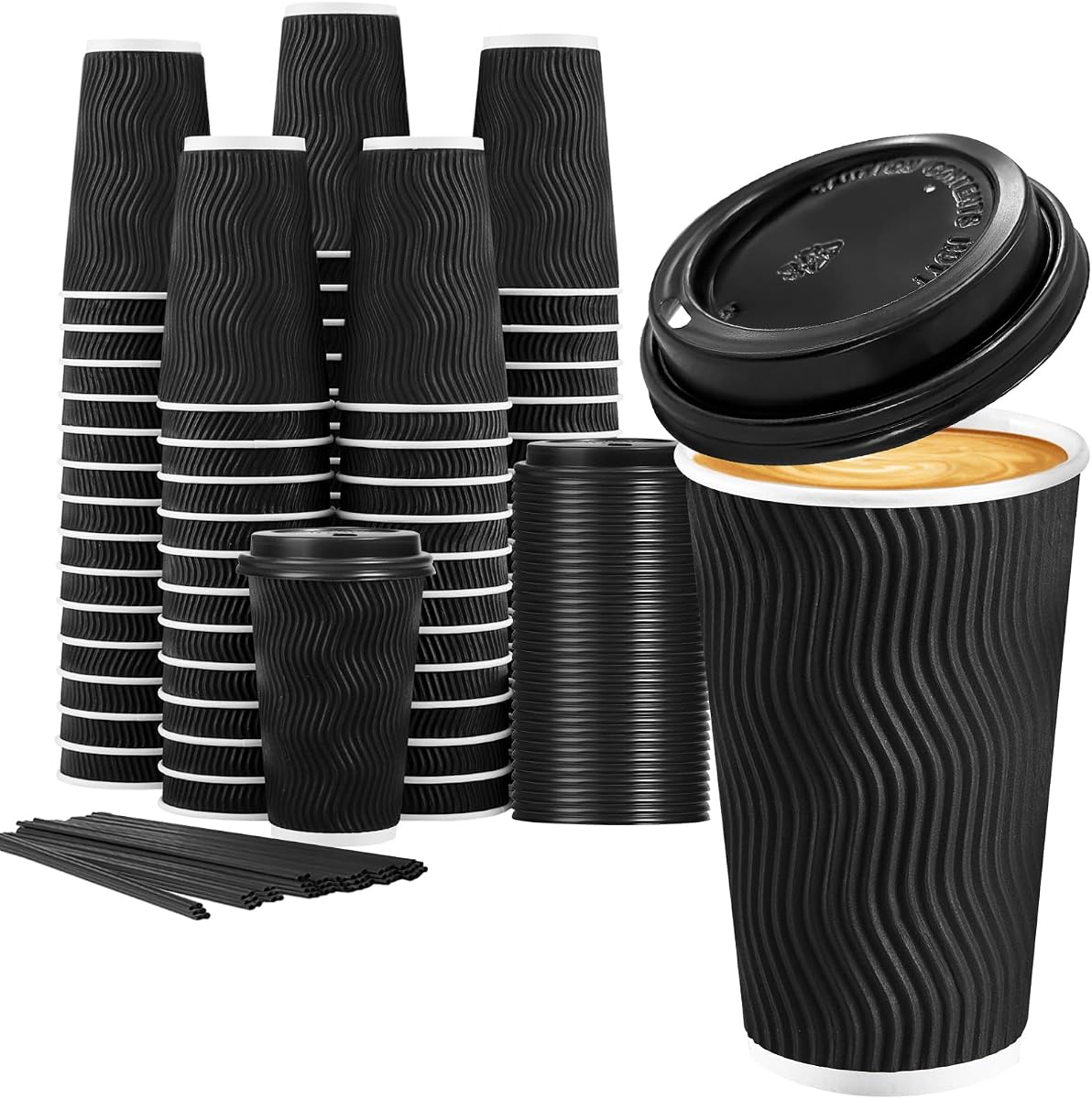 Lamosi 50 Pack 16 oz Disposable Coffee Cups with Lids and Straw, Black | Insulated Corrugated Ripple Wall Hot Cups with Lids for Hot Drink, Office, Coffee Bars, Meetings, and Short To-Go Use