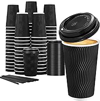 Lamosi 16oz Insulated Ripple Coffee Cups with Lids & Straws, 50 Pack Disposable Hot Cups - Anti-Scald, Leak-Proof Black Cups for Office & Home