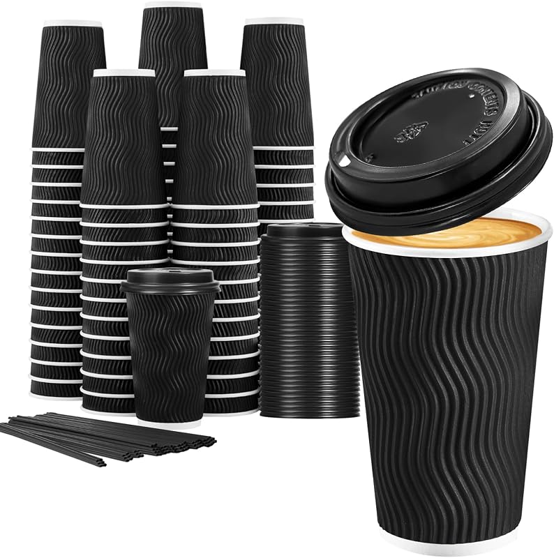 Lamosi 50 Pack 16 oz Disposable Coffee Cups with Lids and Straw, Black | Insulated Corrugated Ripple Wall Hot Cups with Lids for Hot Drink, Office, Coffee Bars, Meetings, and Short To-Go Use