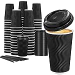 Lamosi 16 oz Disposable Coffee Cups with Lids, 50 Pack Insulated Hot Cups To Go Paper Coffee Cups with Lids and Straws, Corrugated Ripple Wall Cup for Hot Drink, Office, Coffee Bar (Black)