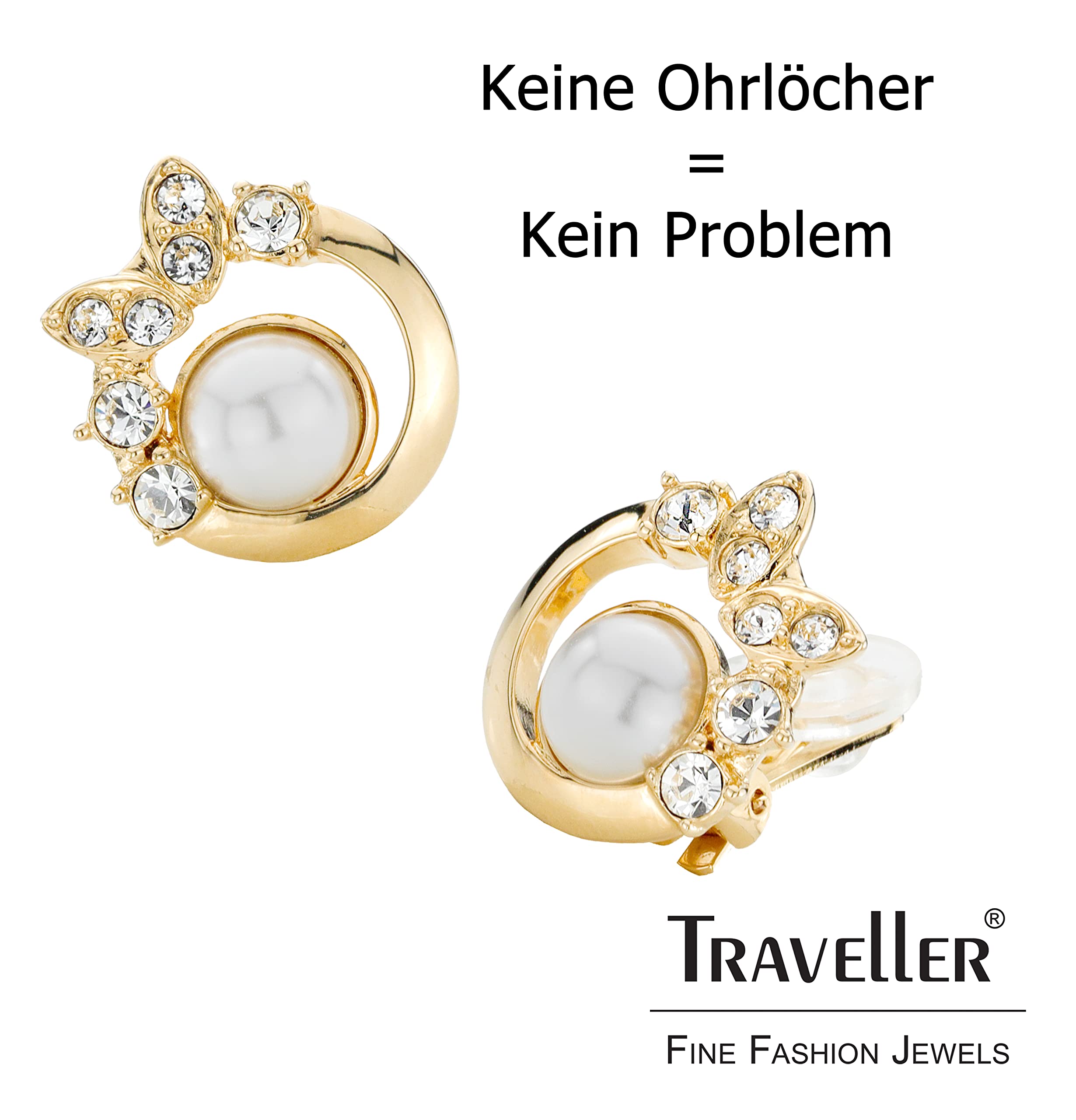 Traveller Ohrclip - Preciosa Kristalle - 8mm Perle weiss - diverse Farben