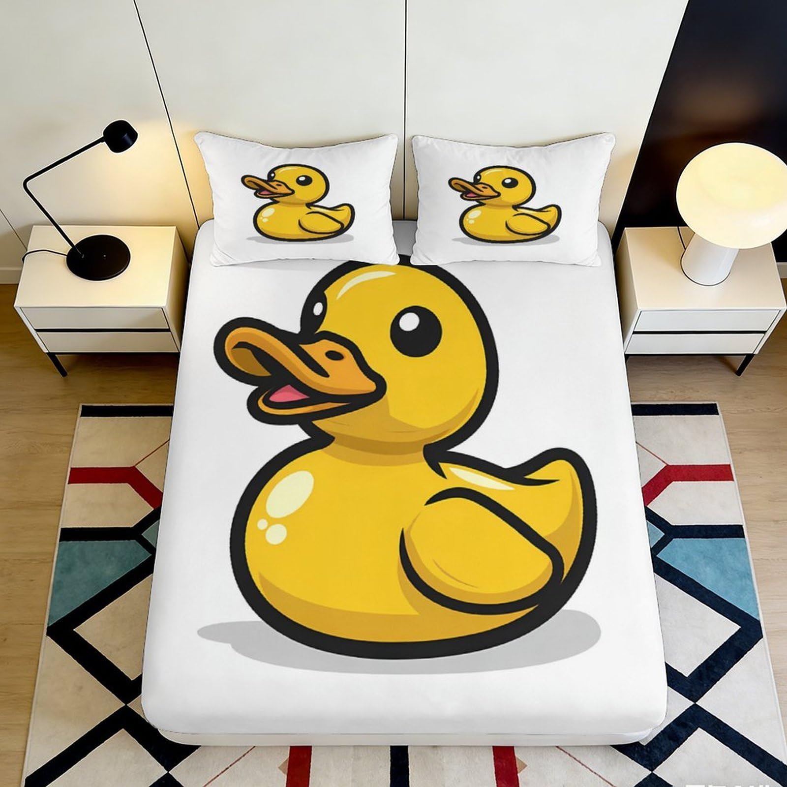3D Printed Yellow Duck Fitted Sheet Microfiber Soft Breathable Cartoon Duck Bed Cover for Bedroom Dormitory Guest Room Mattress Protection Decor 180x200x25cm