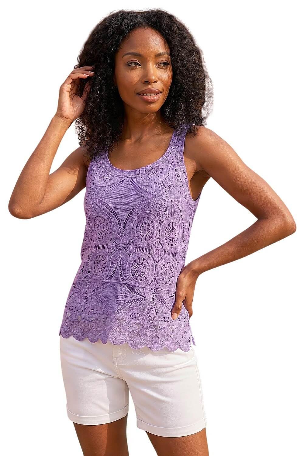 Roman Originals Women's Purple Cotton Crochet Knit Vest Top For Uk - Everyday Holiday Spring Summer Round Neckline Comfy Soft Evening Vacation Work Party - Size 12