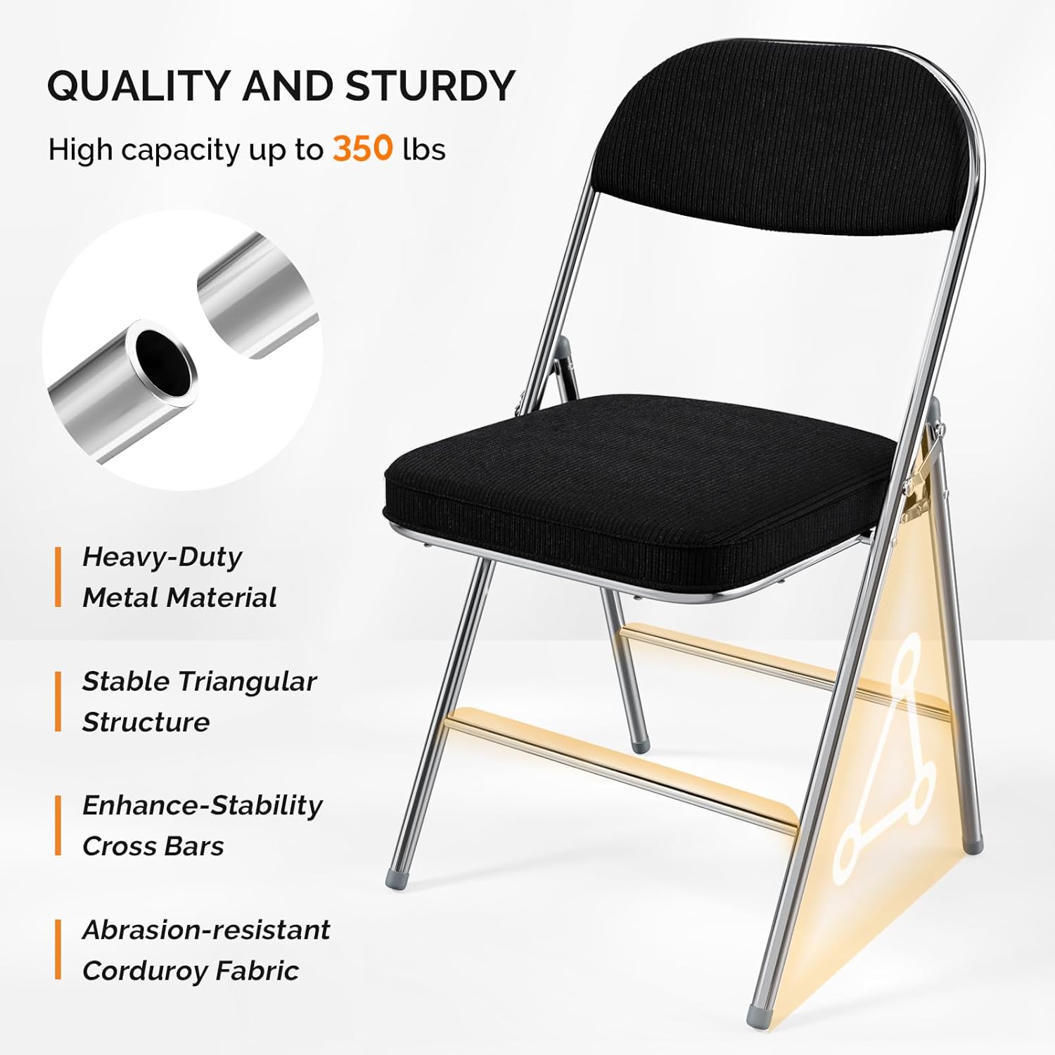 VINGLI 4 Pack Folding Chairs with Padded Seat & Backrest, Metal Frame, Durable Corduroy Fabric, 350 lbs Capacity, Set of 4, Black – Ideal for Weddings, Parties, Office Events