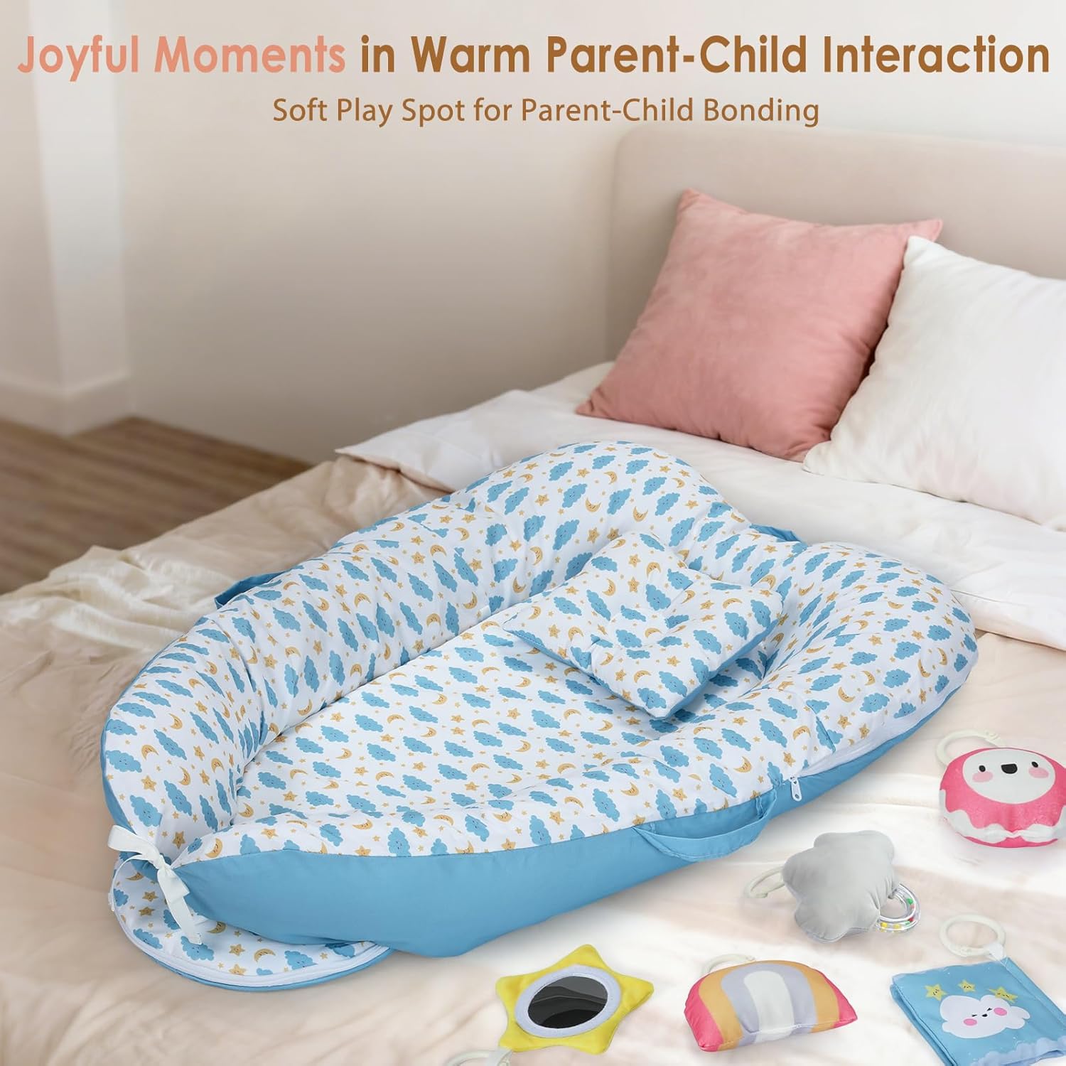7-in-1 Baby Play Mat & Activity Gym, Baby Gym - 0-12 Months Multi-Use Play Center with 5 Hanging Sensory Toys, Tummy Time Pillow for Early Development, Stars