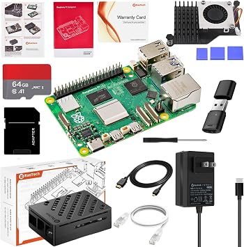 RasTech Raspberry Pi 5 8GB Kit FCC Certified Raspberry Pi 5 Kit Raspberry Pi 5 8GB Board/Active Cooler/PD Power Adapter/64GB Card/ABS Black Case/Micro HDMI Cable/CAT6 LAN Cable/Screwdriver/Card Reader