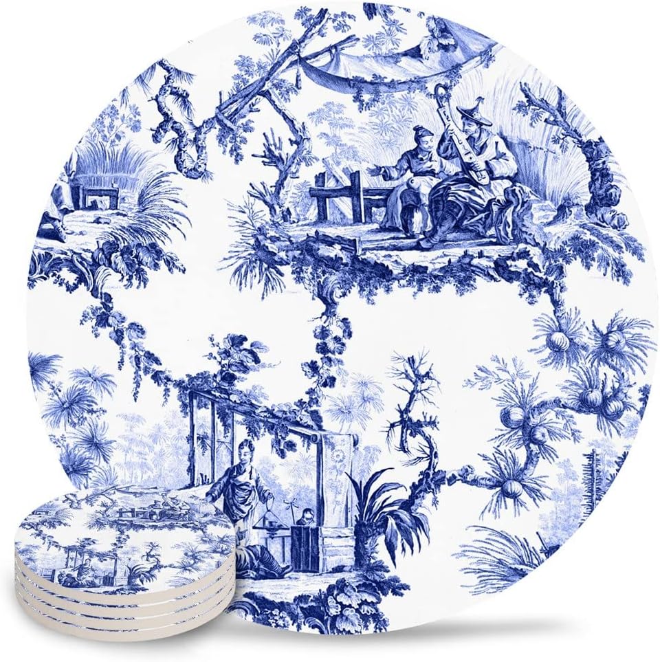 Chinoiserie Toile Ceramic Coasters Waterproof Tea Cup Mat Home Decor Coffee Table for Glasses