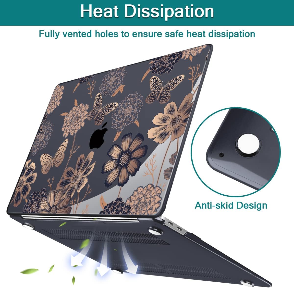 Teryeefi for MacBook Air 13 inch Case 2021 2020 2019 2018 Release (Model A2337 A2179 A1932 Retina Display with Touch ID), Plastic Hard Shell Case & Keyboard Cover for MacBook Air 13 M1, Gold Flowers - Image 7