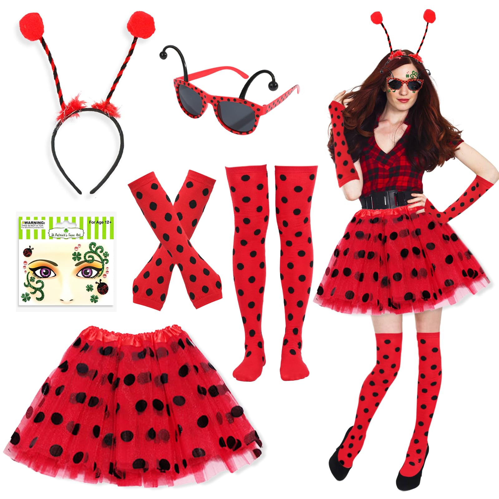 Xerteam Lady Bug Costume Girls Adult, Ladybird Costume Accessories Set, Red Tutu (40cm/15.75in) Bug Sunglasses Headband Leg Warmers Fingerless Gloves Face Stickers, Animal Fancy Dress for Age 6+