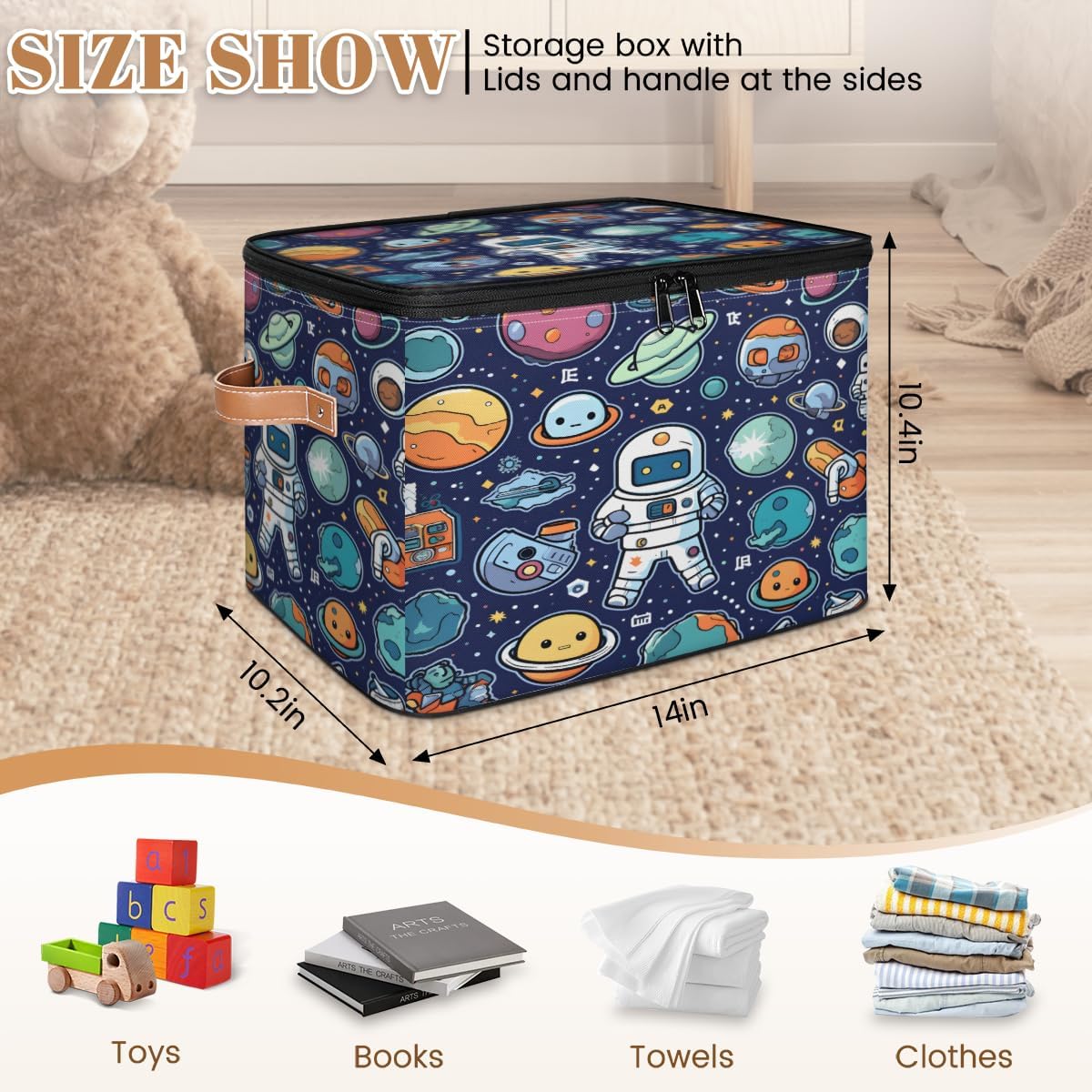 Storage Bin Set of 2 Galaxy Astronauts Storage Basket with Zipper Lid & Handle Foldable Closet Shelf 2 Pack Cloth Organizer Basket Cube Bins Clothes Organizer for Bedroom, Nursery