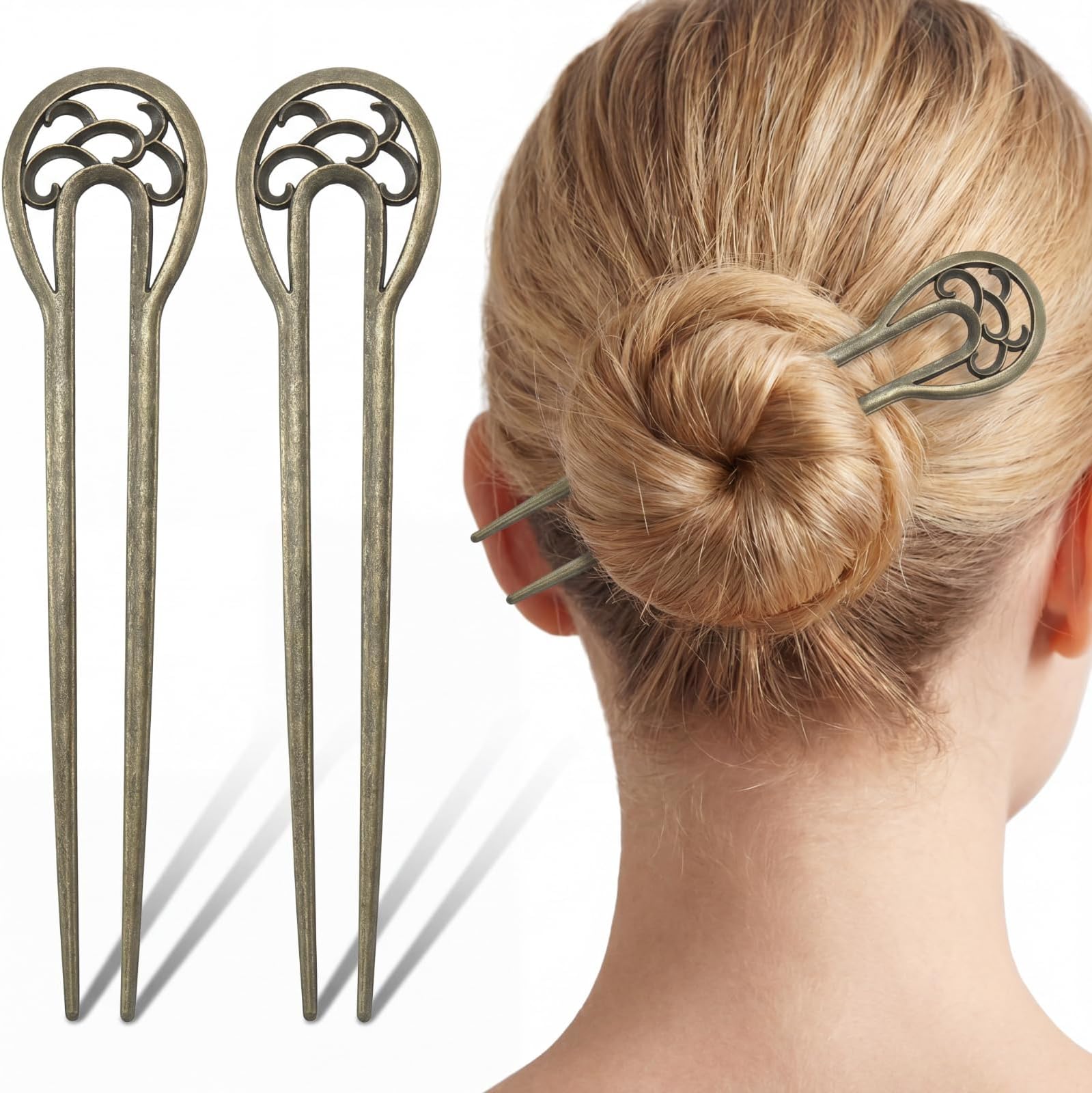 Chuangdi 2 Pcs French Hairpins U Shaped Hair Fork Vintage Hairpins for Buns French Twists Metal Hair Sticks Bronze 6.1'' 2 Prong Updos Chignon Pin for Women Effortless Fine Hairstyle Accessories