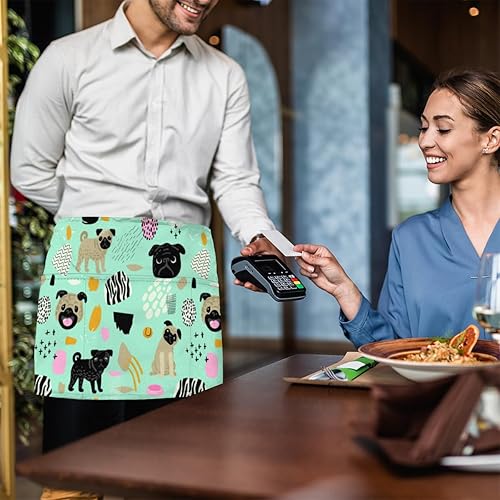 Miniatura 6 de Delantal de cintura de 3 bolsillos, paquete de 3, diseño de bulldog con diseño de perro, color turquesa, delantal corto para hombres y mujeres,