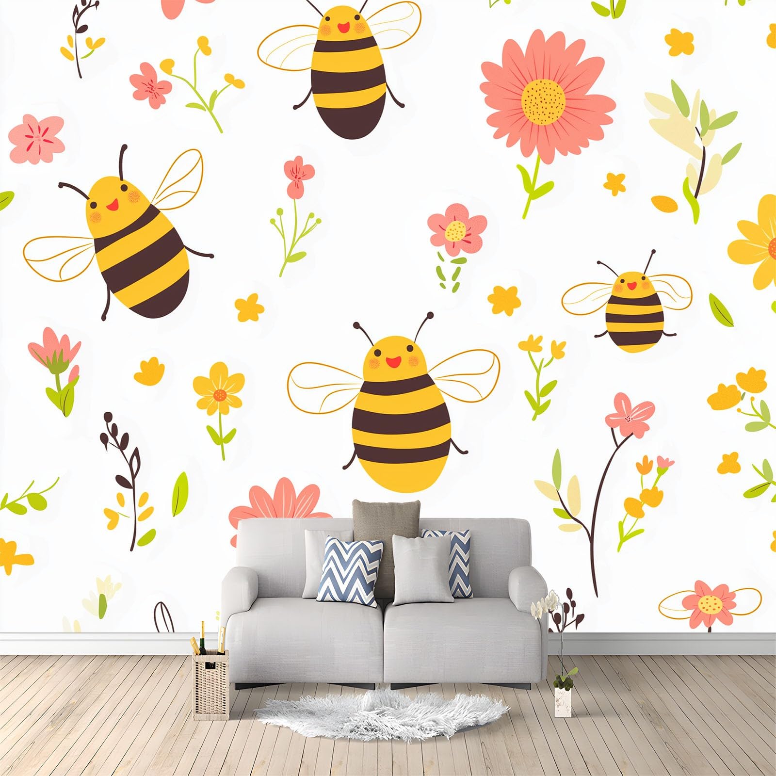 Panoramiczna tapeta 3D 350 x 256 cm urocza ręcznie rysowana pszczoła tapeta z włókniny, duży plakat ścienny do salonu, dekoracji pokoju dziecięcego, łatwy w montażu, beżowy