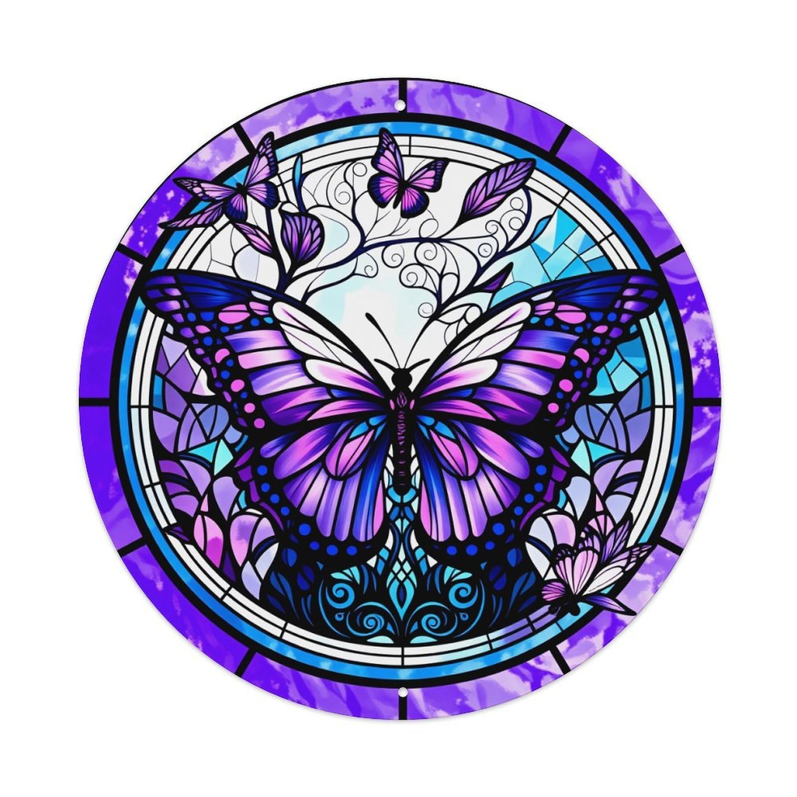 Stained Glass Butterfly Pattern Art Round Tin Sign Vintage Metal Poster Retro Bar, Home, Man Cave, Kitchen, Laundry Room Wall Art Decor Gift 8x8In