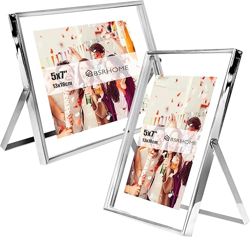 BSRHOME Juego de 2 portarretratos flotantes de metal plateado de 5 x 7 pulgadas con vidrio, uno para exhibición vertical y uno para mesa horizontal
