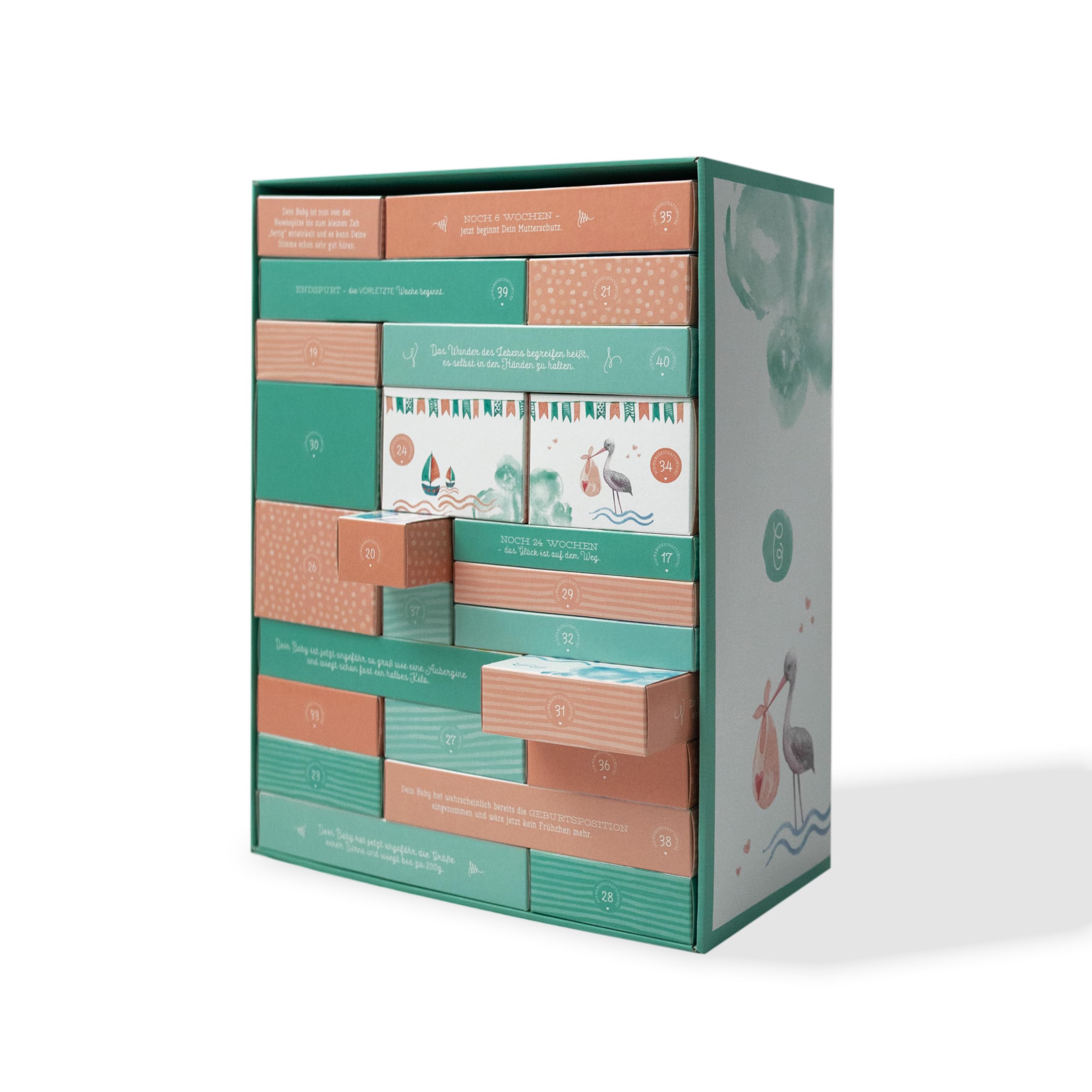 Erstausstattungs-Schwangerschaftskalender/Countdownbox mit Geschenken für 24 Schwangerschaftswochen