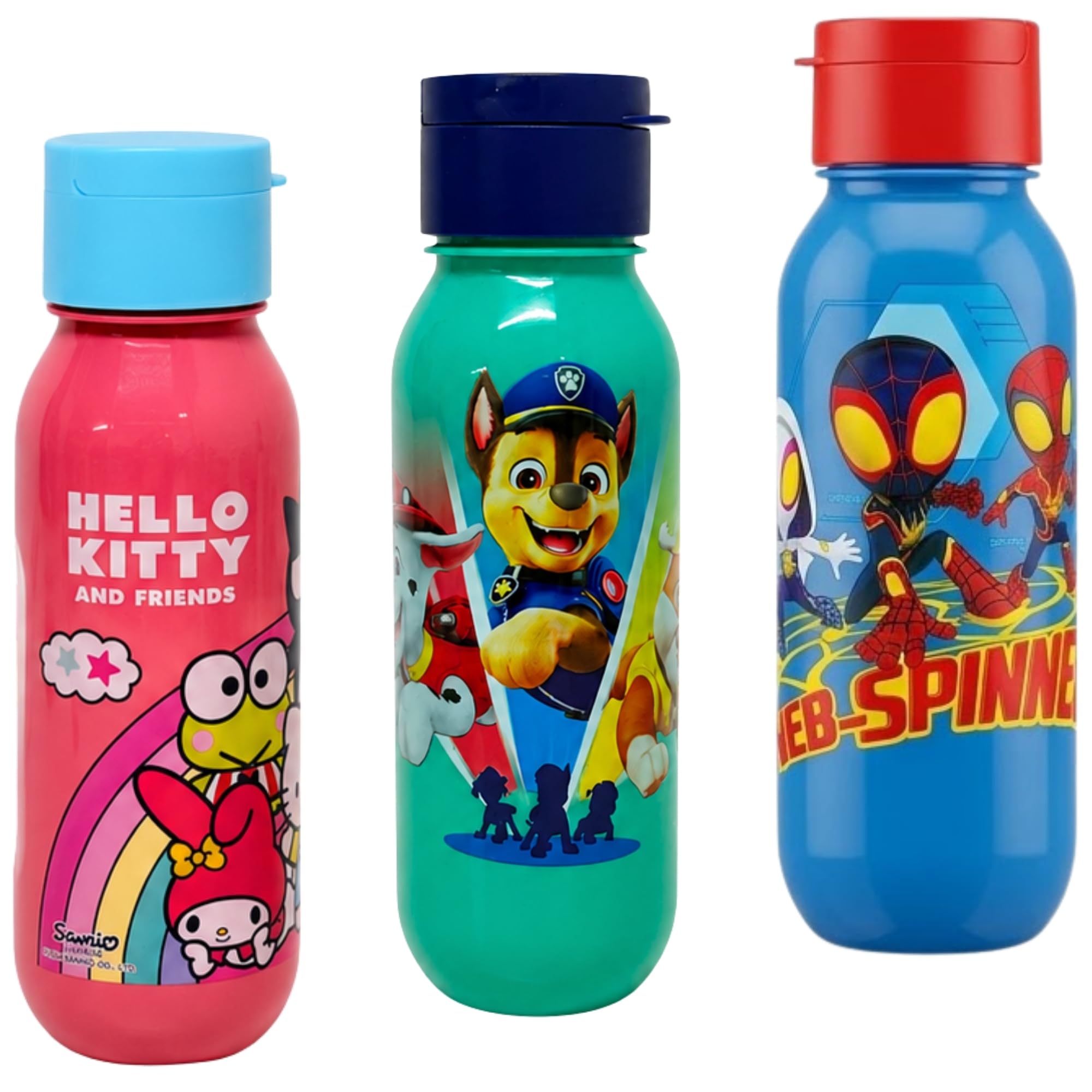 SRV Hub Paw Patrol Hello Kitty Spidey Kids Water Bottle Set 500ml BPA Free Reusable Character Bottle Trio Pack Gift