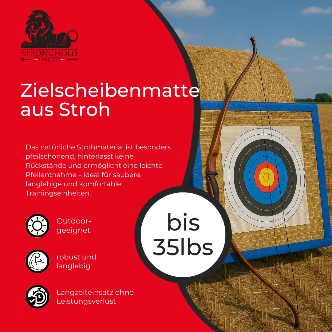Zielscheibenmatte aus Stroh 90x90 cm | wetterfeste Bogensport Zielscheibe inkl. 3 FITA Zielauflagen, Pfeilfangmatte Schießscheibe für Recurve & Freizeitbogen