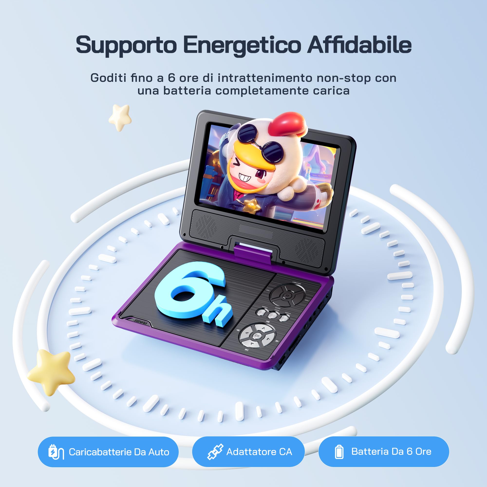 Wolfang - Lettore DVD portatile da 9,5 pollici per bambini e viaggi in auto con schermo HD girevole da 7,5 pollici, durata della batteria 4-6 ore, senza restrizioni regionali, altoparlante stereo