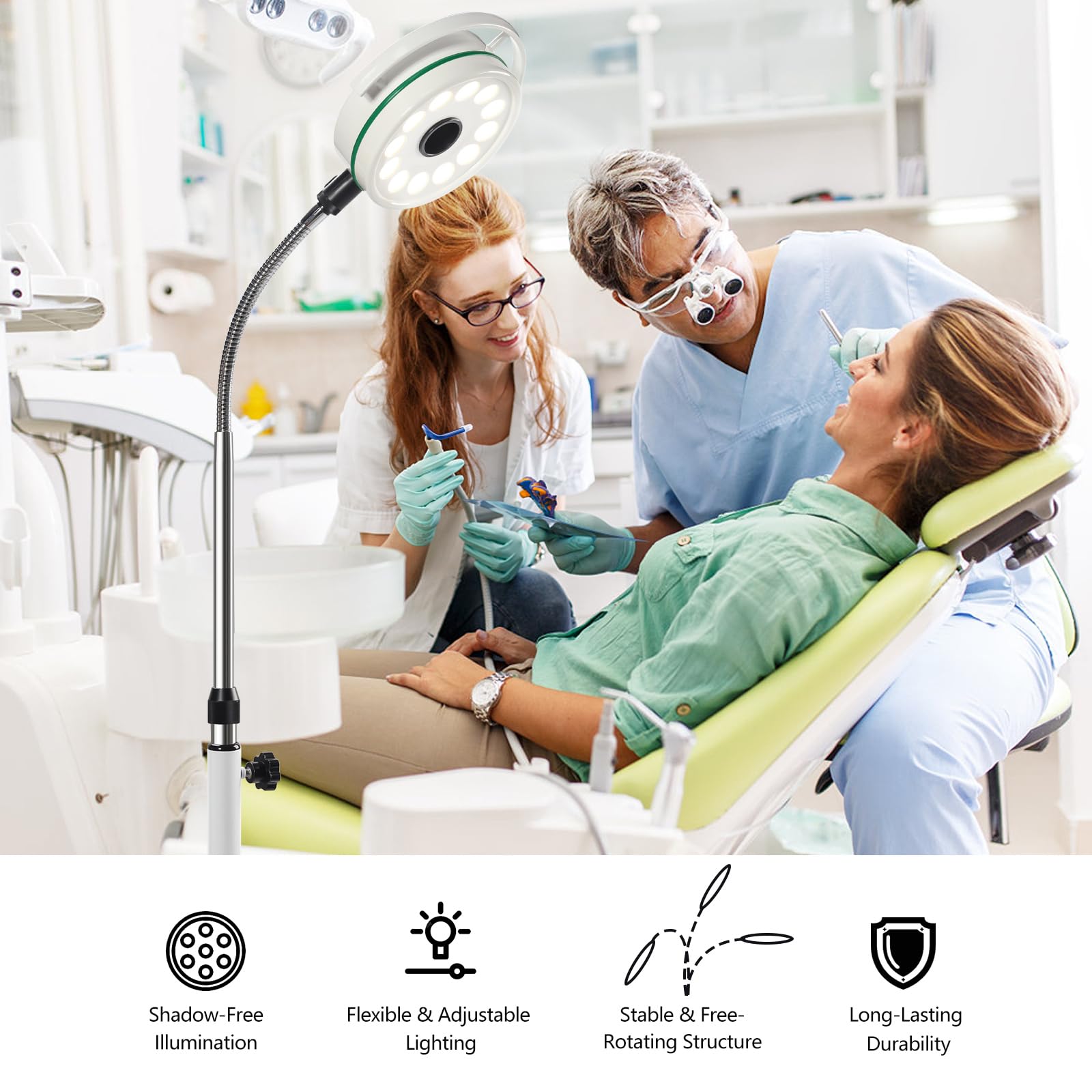 KD-2012L-1 Floor-Standing Portable Mobile LED Exam Light with 12 High-Quality 3W LEDs, 45000 Lux of Bright, 300° Rotatable Lamp Head and Adjustable Height