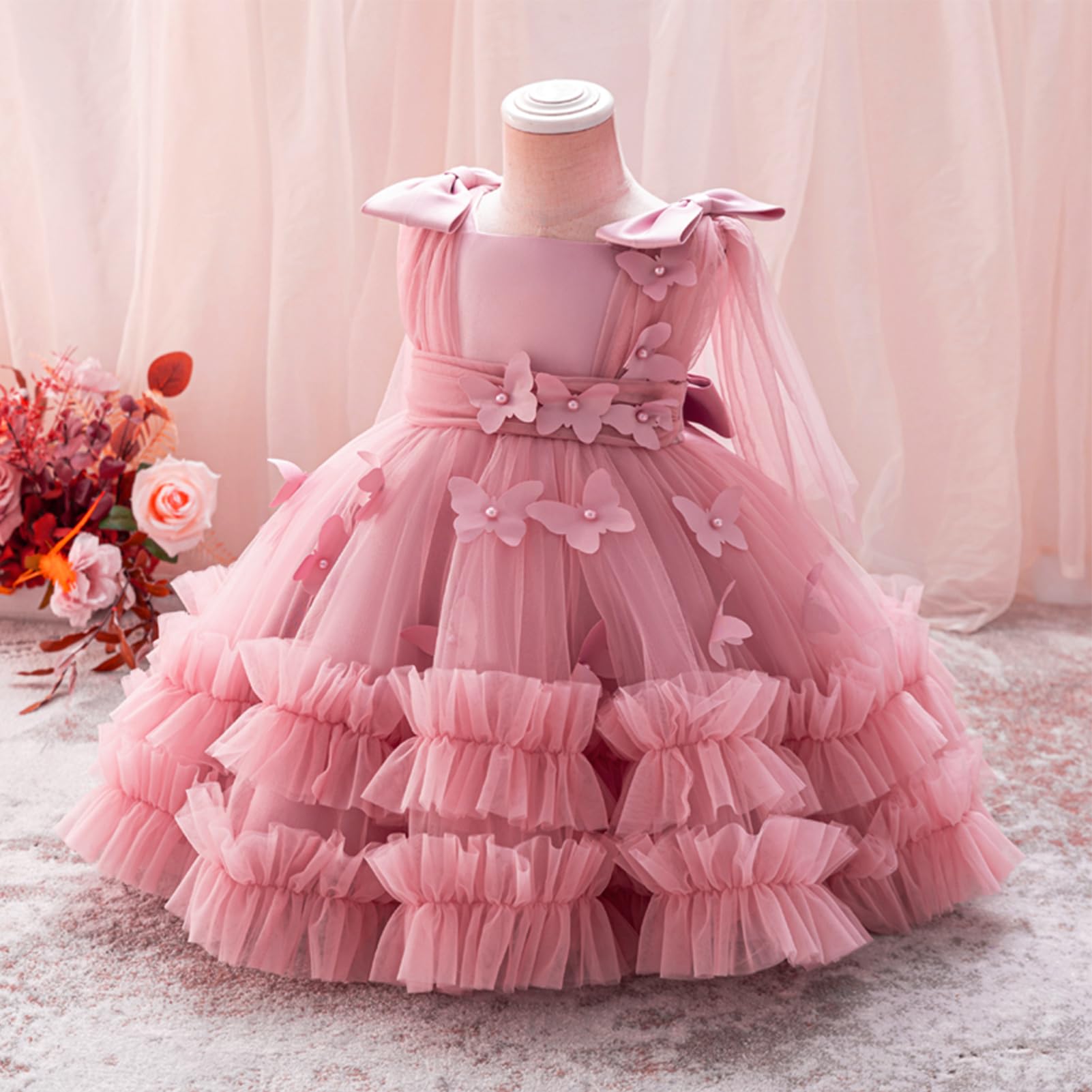 IDOPIP Kleinkind Baby Mädchen Schmetterling Kleider Tüll Tutu Festzug Hochzeit Blumenmädchen Kleid Prinzessin Geburtstag Party Bowknot Kleid
