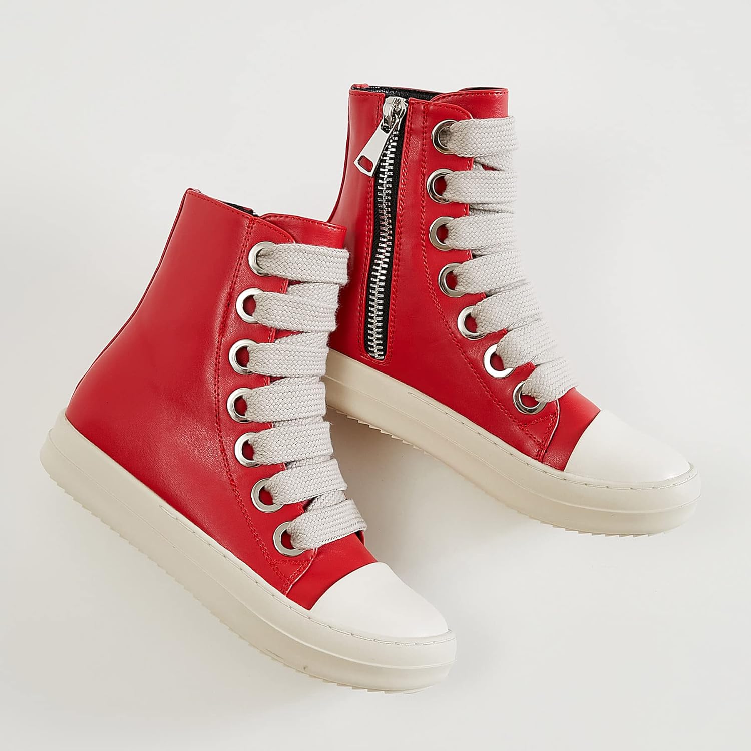 MOFEEDOUKA Womens High Top Sneakers Thick Shoe Laces PU Leather Comfort Platform Walking Shoes with Zipper - Image 3