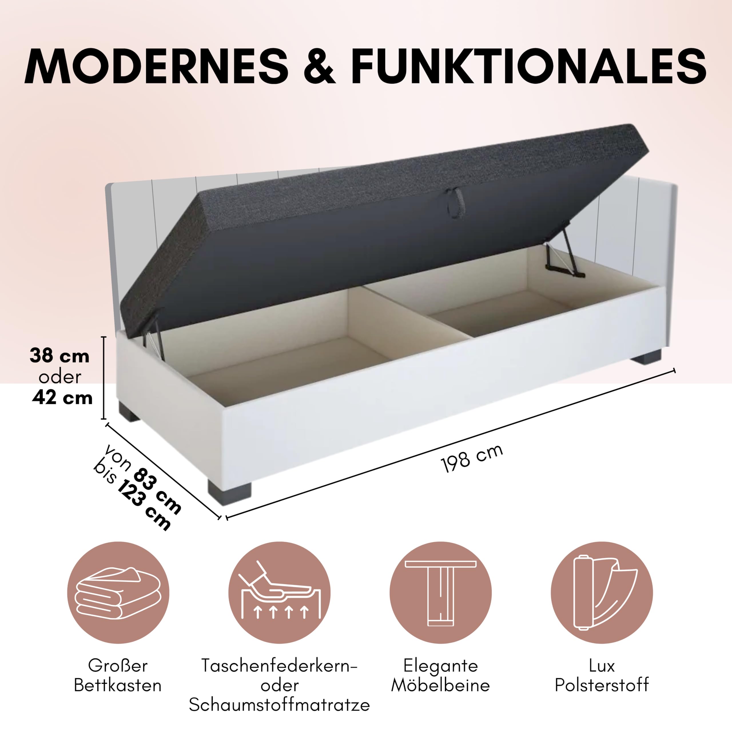 Boxspringbett Adel+ 93x198x42 cm mit Taschenfederkern Matratze, Bett mit Matratze, Polsterbett mit Bettkasten, Gepolstertes Einzel Bett, Schlafsofa - Graphit