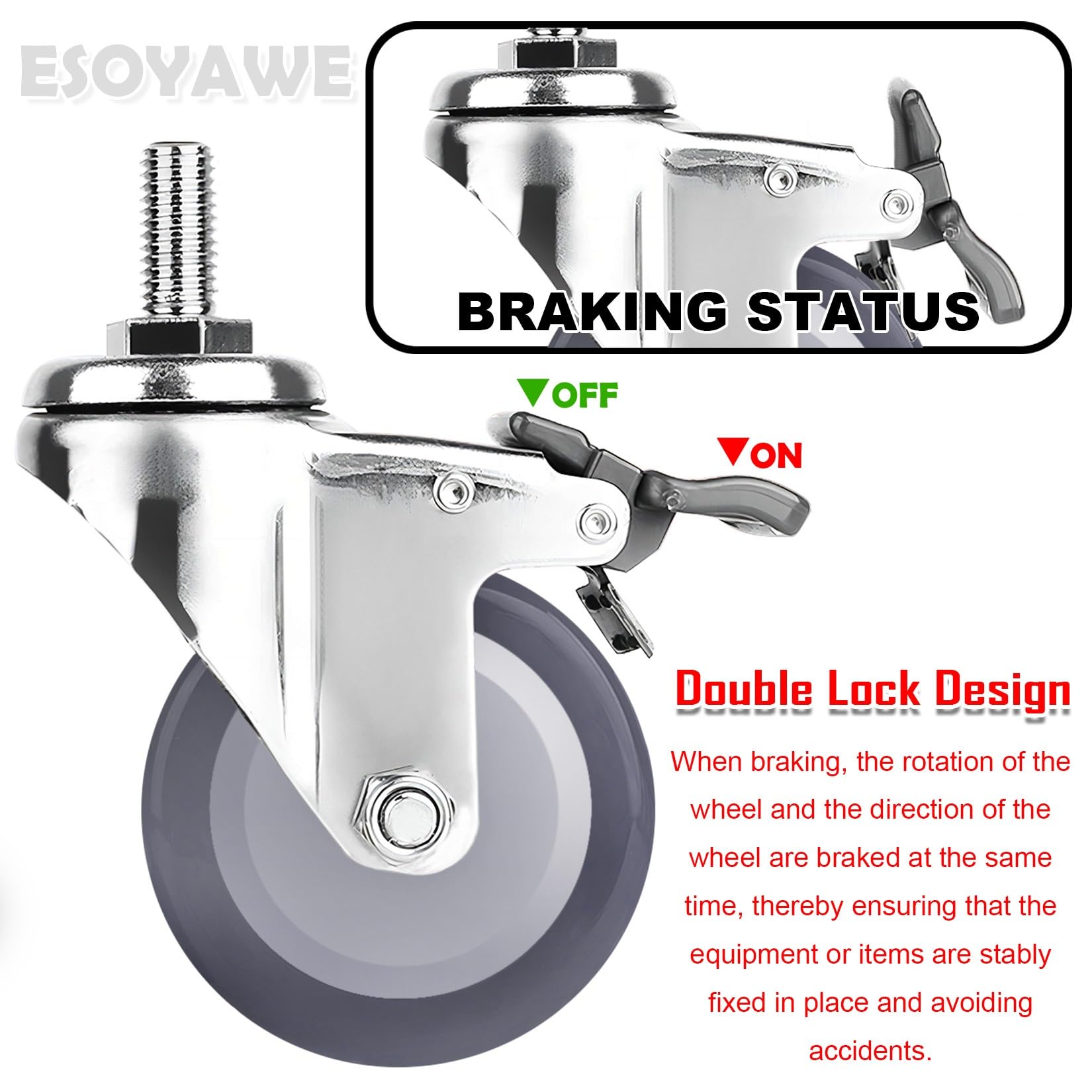 Schwerlastrollen Ø 63mm 75mm 100mm Lenkrollen Mit Gewinde M12 4 Stück, Keine Spuren & Leise Polyurethan-rollen Mit Bremse, Ersatz Rollen Für Trolleys, Möbelroller Werkbank Rollen(Swivel+Brake,63mm/2.5