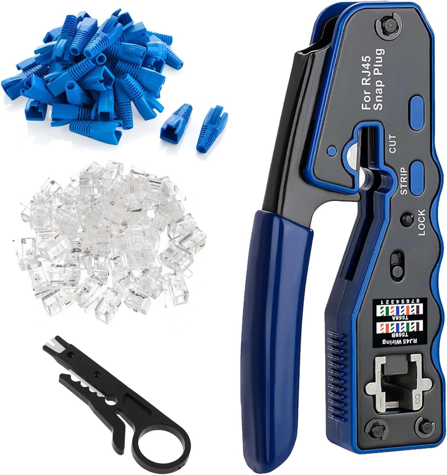 Taichaeu RJ45 Crimp Tool Set - 3-in-1 RJ45 Crimping Tool Kit with 50 PCS CAT6 Pass Through Connectors | 50 PCS RJ45 Cat6 Protection Covers RJ45 Pass Through Crimp Tool Set