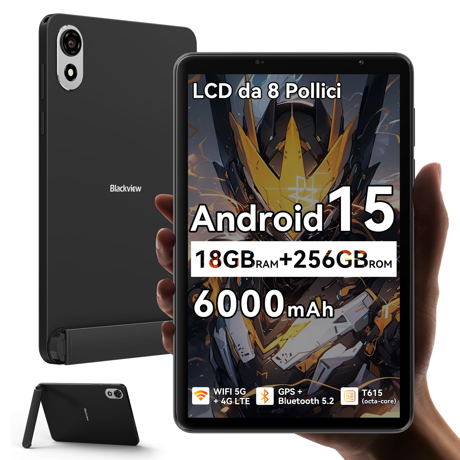 Blackview ZENO 1 8 pollici Tablet Android 15 90Hz 800x1280 - Ultra leggero&compatto Gaming, T615 8 core AI Chip, 18GB RAM+256GB ROM(2TB TF)/4G LTE+WiFi5G/Face ID/6000mAh/8MP+8MP/Widevine L1/BT5.2/GMS
