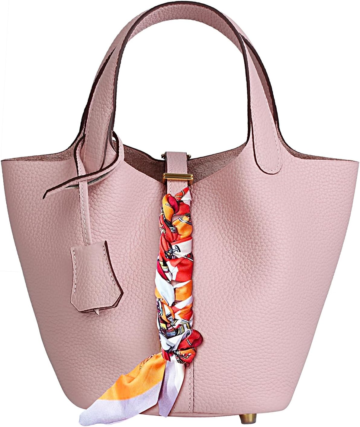 Leather Handbag (Scarf Detaches) Genuine Leather Bucket Bag for Women,Market Tote Bags with Metal Clasp