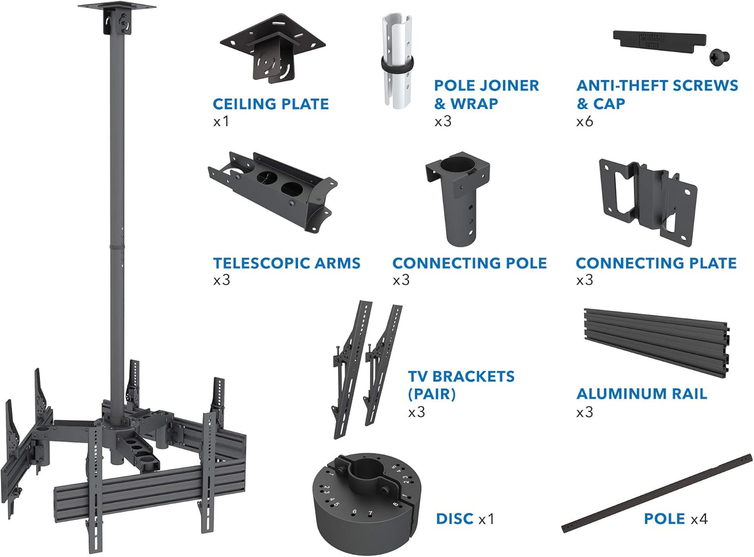 Mount-It! Triple Screen TV Ceiling Mount | Multi-Display Commercial Grade Ceiling Bracket for Three Flat Screen Displays | Adjustable Height, Fits Up to 600x400, 198 Lbs Capacity