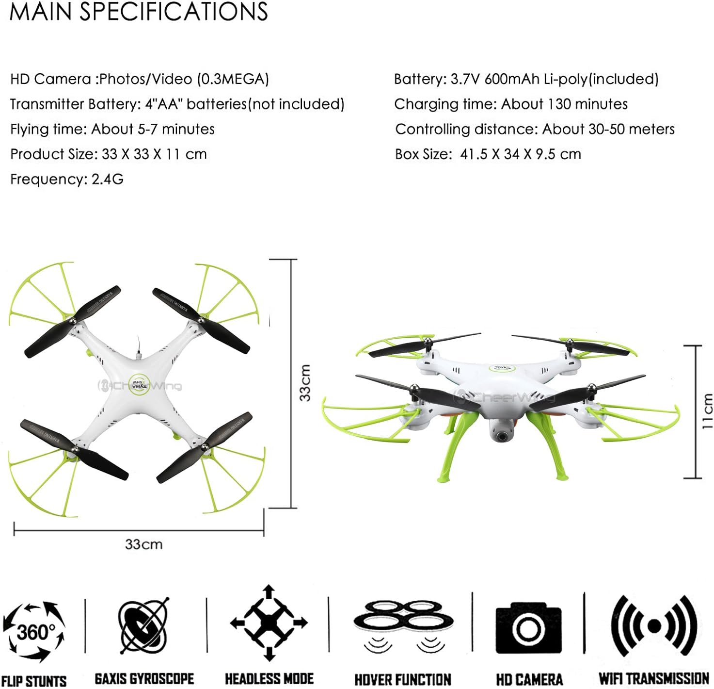Cheerwing Syma X5HW-I WiFi FPV Drone with HD Camera Live Video Altitude Hold Function 2.4Ghz 4CH RC Quadcopter White