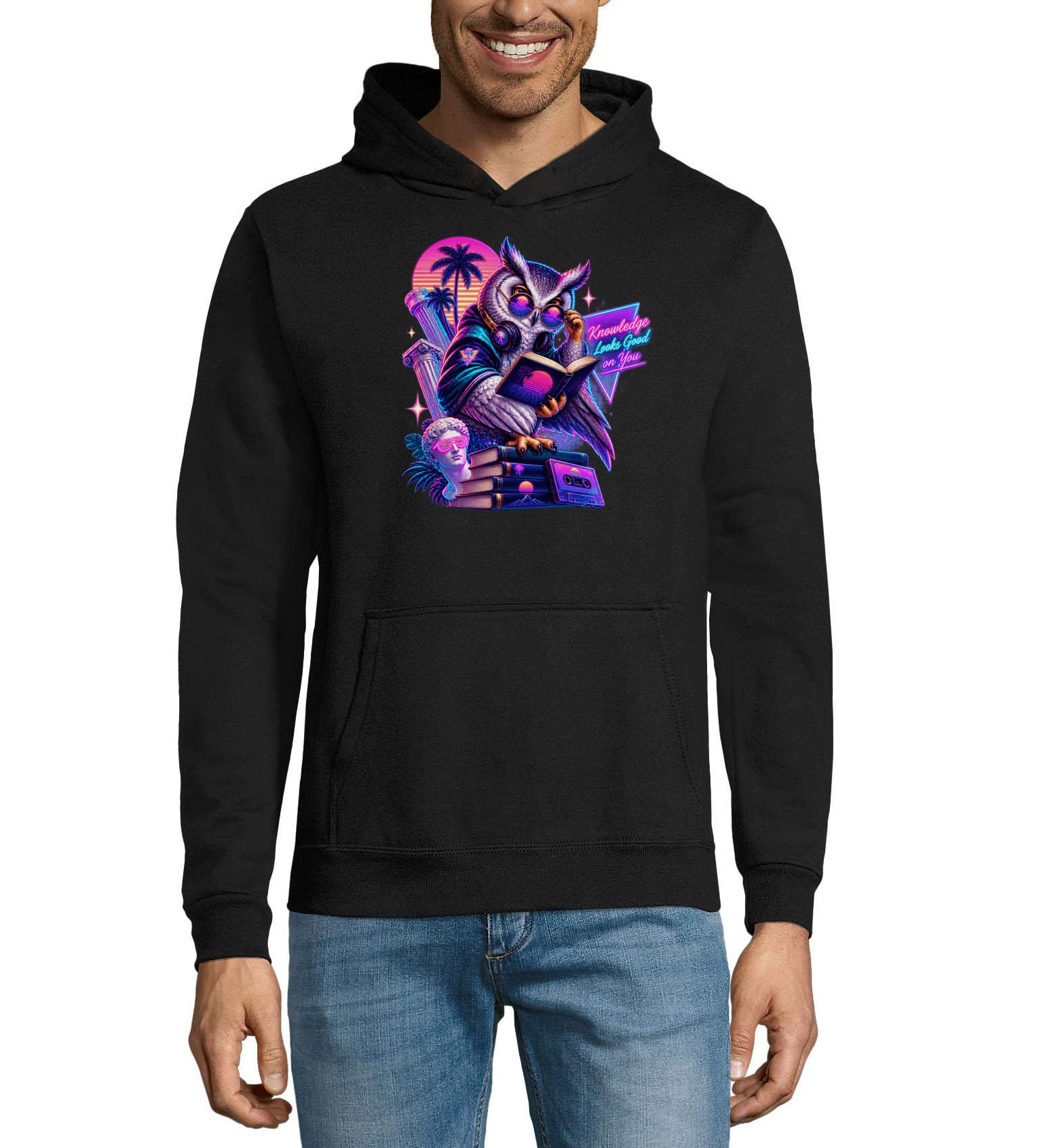 Retro sowa czytanie pod neonowymi światłami unisex mieszanka bawełny bluza z kapturem czarna
