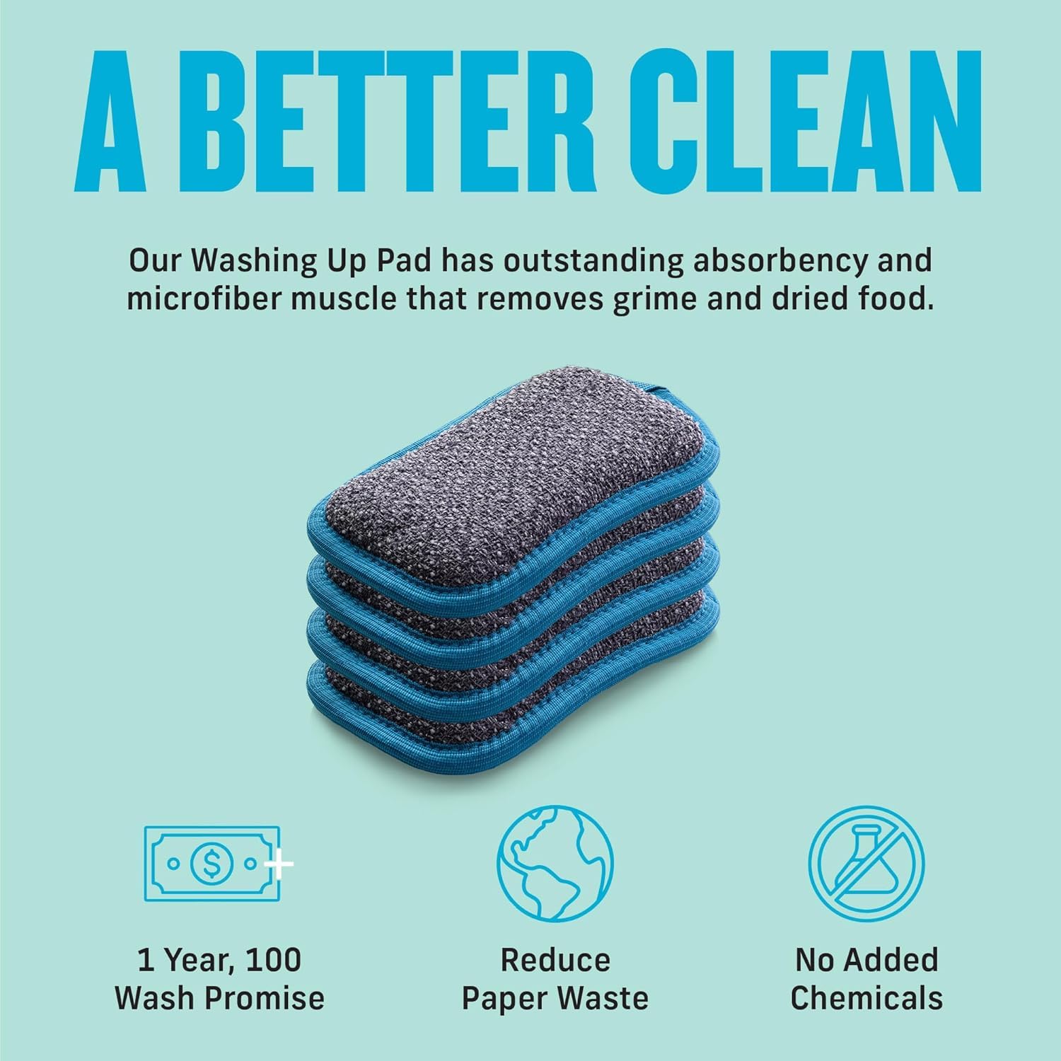E-Cloth 4-pak podkładka do mycia naczyń, nierysująca się gąbka do mycia naczyń, skutecznie czyści naczynia, zlew i blat, nadaje się do prania i wielokrotnego użytku, obietnica 100 mycia, niebieska